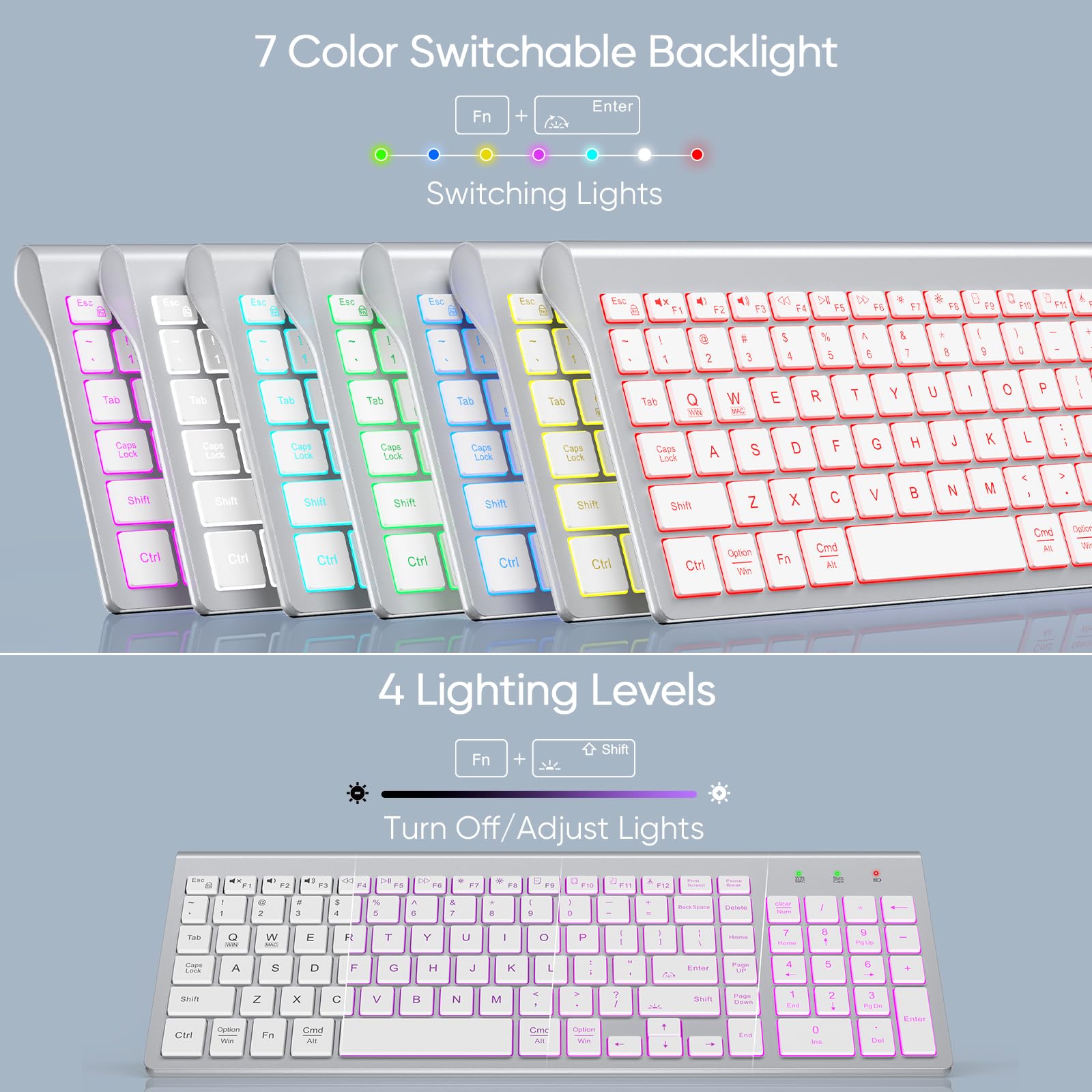 SABLUTE Wireless Keyboard with 7 Colored Backlits, Rechargeable Silent Compact Cordless Computer Keyboard with Low Profile Quiet Light Up Keys for Windows, PC, Linux, Chrome, Mac (White)