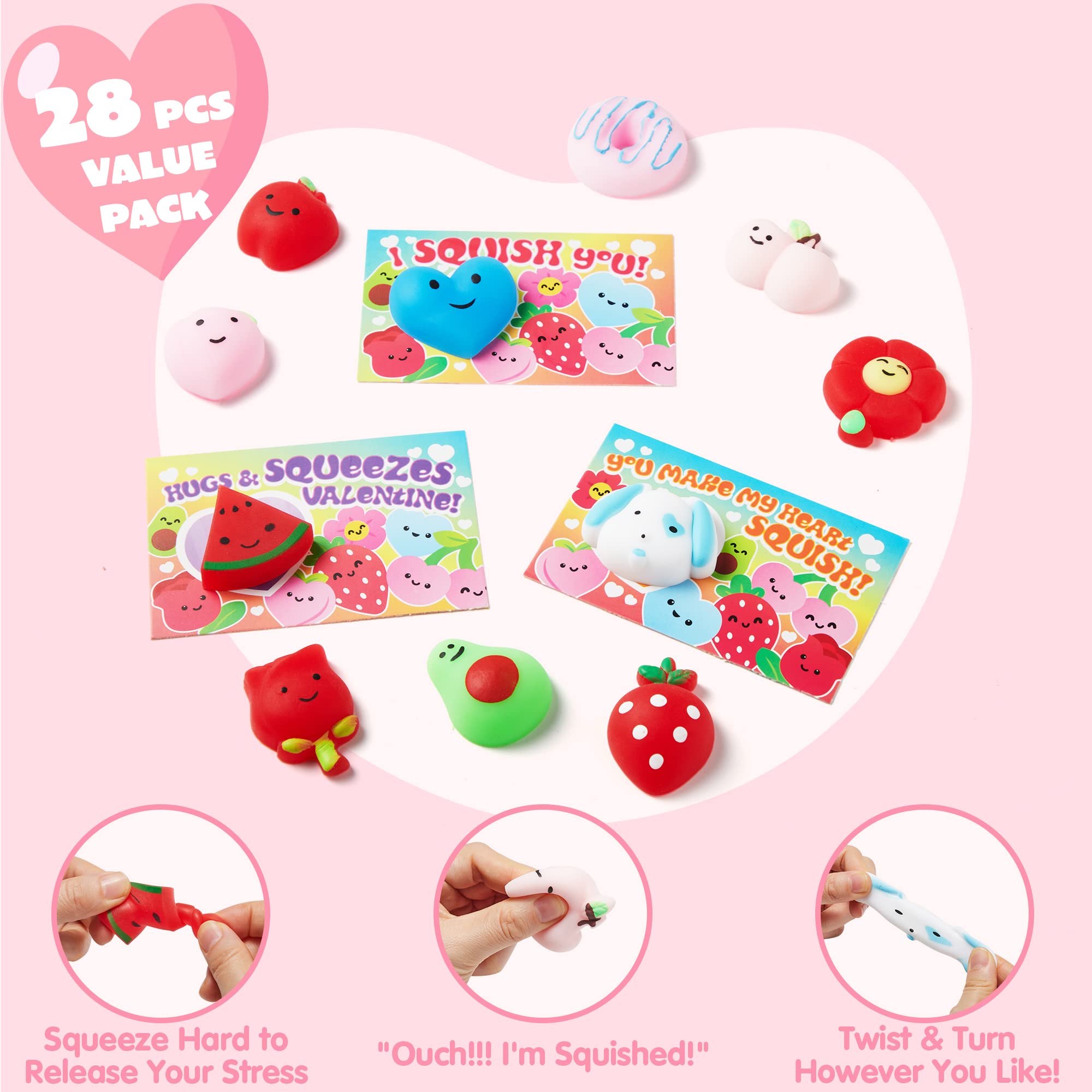 JOYIN 28 Packs Gift Cards with Mochi Squishy Toys, Kawaii Squeeze Stress Relief Fidget Toy for Kids Party Favor Classroom Exchange Prizes