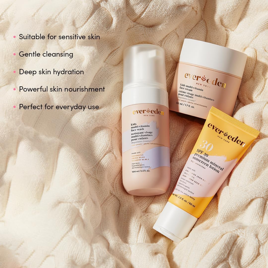Evereden Daily 1-2-3 Routine Bundle: Clean & Vegan Skin Care Set for Kids - Hydrating & Nourishing Tween Skincare Set with Multi-Vitamin Face Wash, Face Cream, Lotion, & SPF 30 Mineral Sunscreen