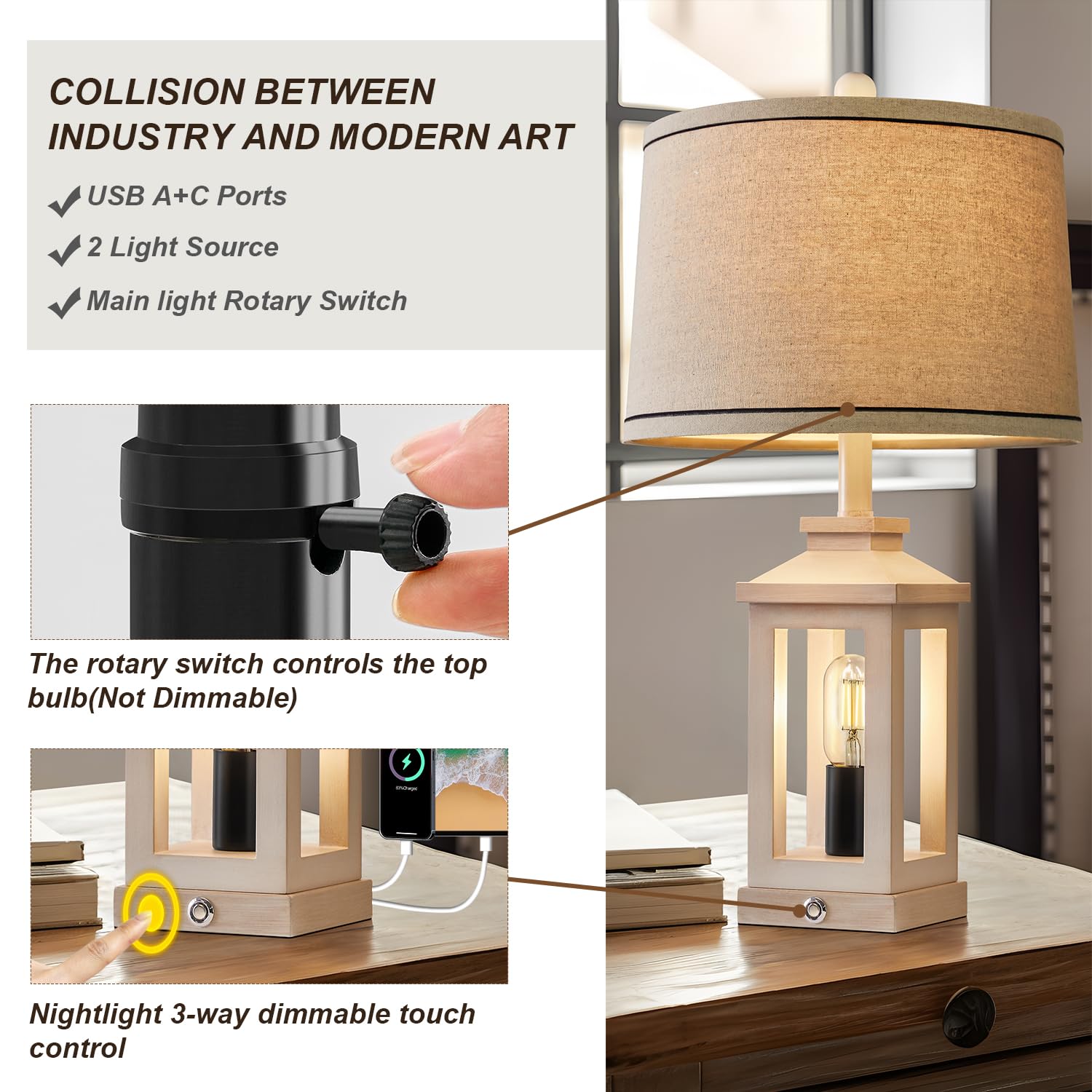 G-SAFAVA 23.75" Retro Farmhouse Black Table Lamp for Living Room Bedroom Nightstand Set of 2 Touch Control Bedside Nightlight Vintage Modern Lamp with USB C+A Ports and 2 Light Sources