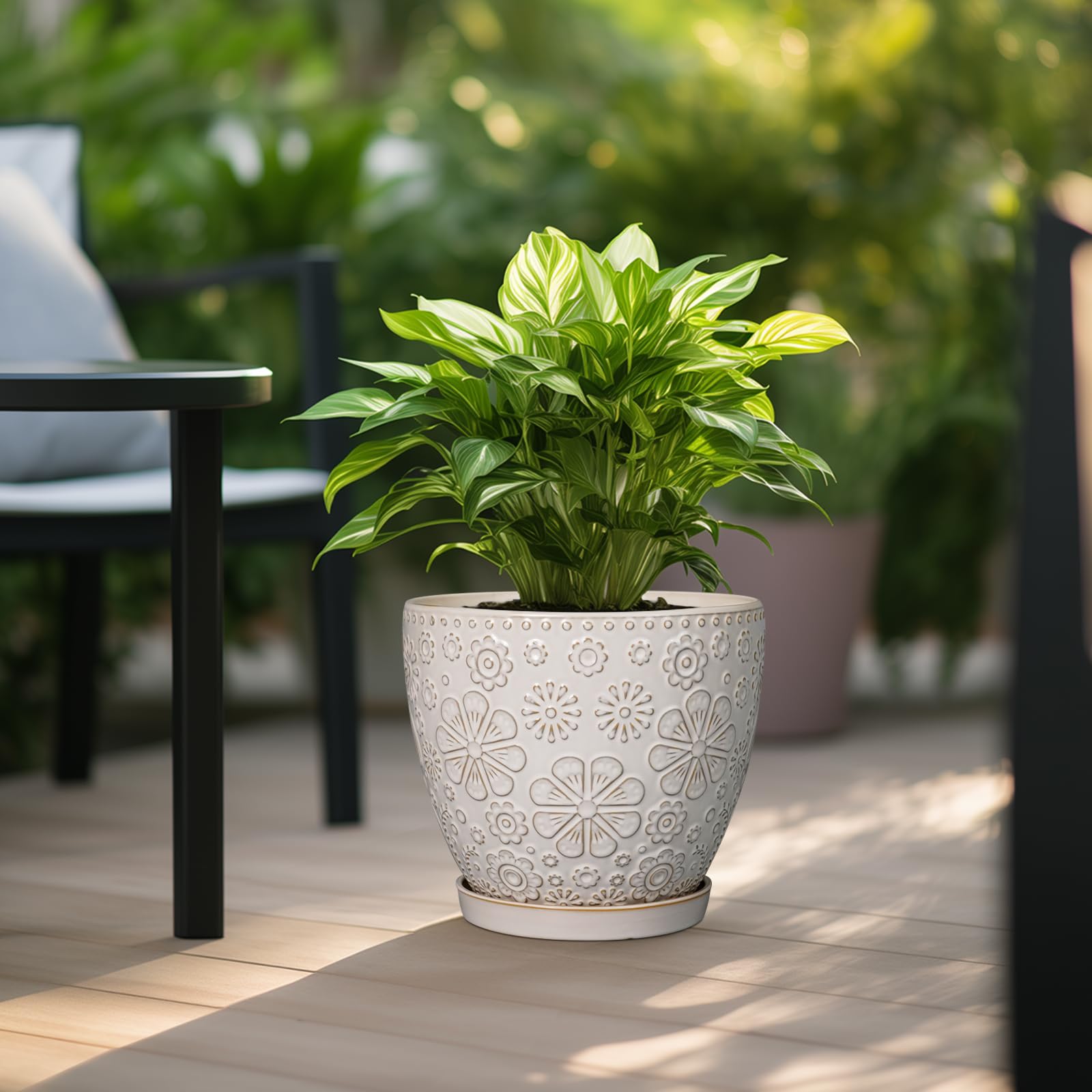 MPotTo 10 Inch Ceramic Planter Pot Large Plant Pot for Indoor Plants Outdoor Round Flower Pot with Drainage Hole and Saucer for Home Garden Decor White