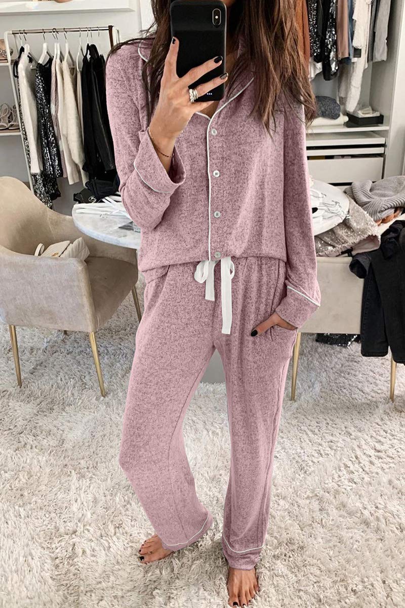 Aamikast Women's Pajama Sets Long Sleeve Button Down Sleepwear Nightwear Soft Pjs Lounge Sets: Pink Small