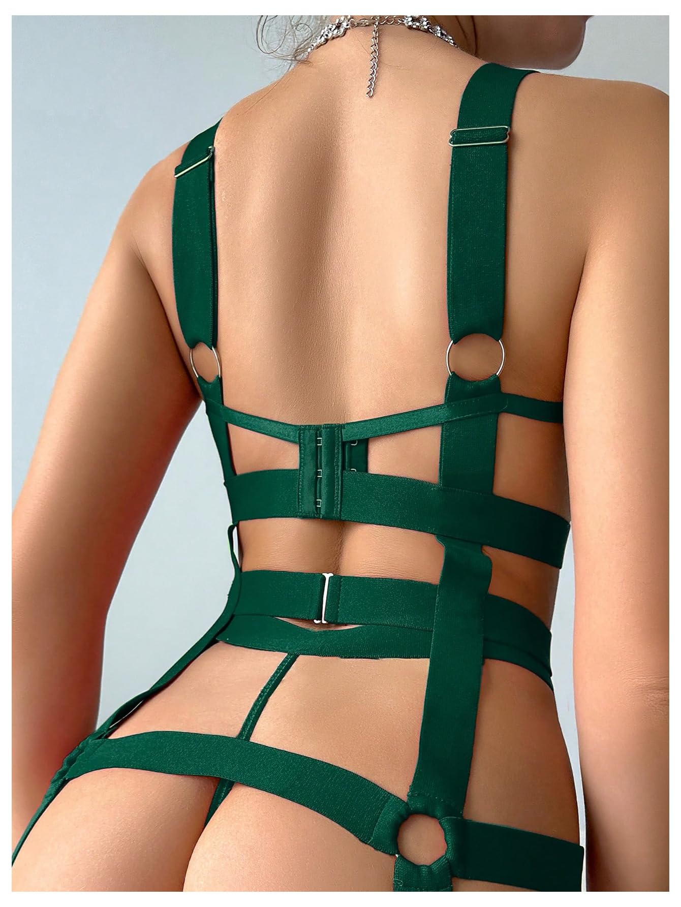 SOLY HUX Lingerie Set for Women 4 Piece Cutout Underwire Lingerie Set Bra and Panty with Leg Ring: Large Plain Dark Green