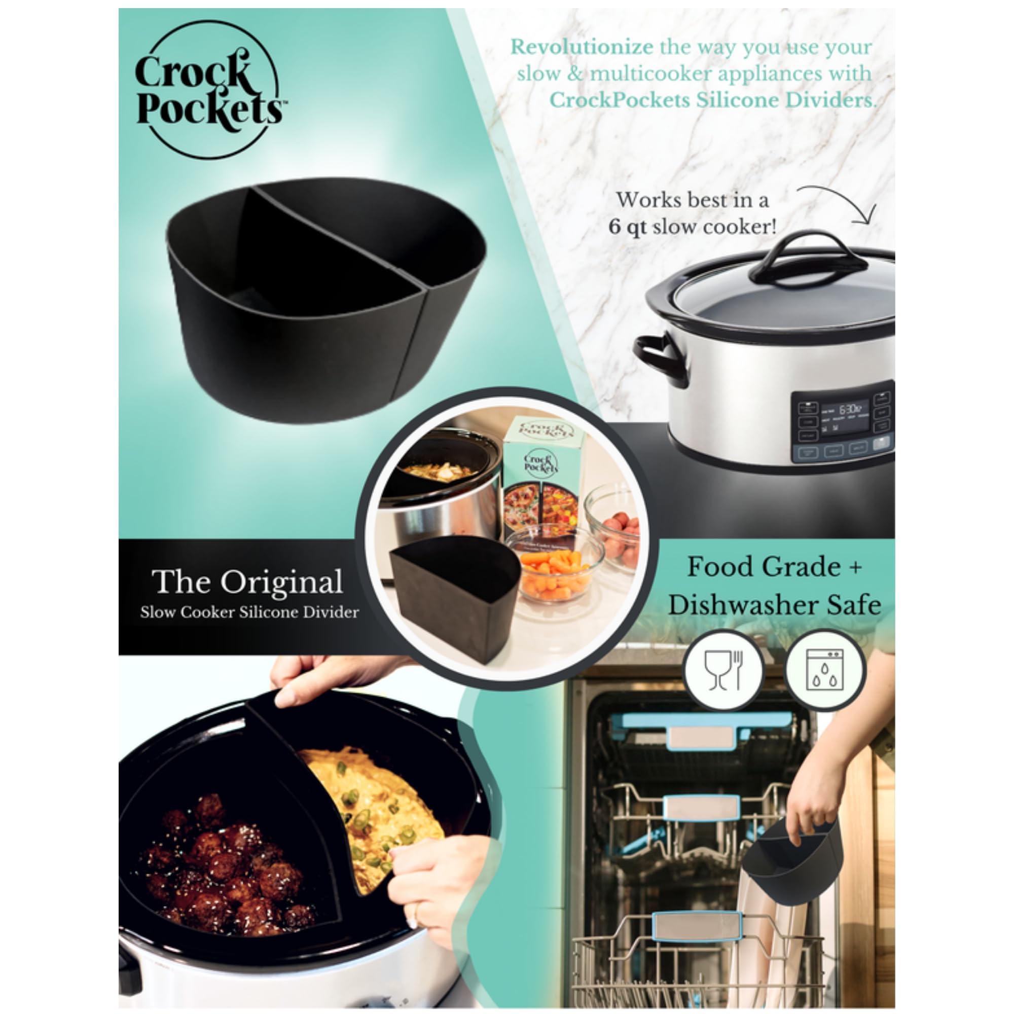 CrockPockets® Reusable Silicone Slow Cooker Dividers – 6Qt Divider Set (2-Pack), Non-Stick, Leak-Resistant, BPA-Free, Dishwasher Safe + Free Digital Cookbook!