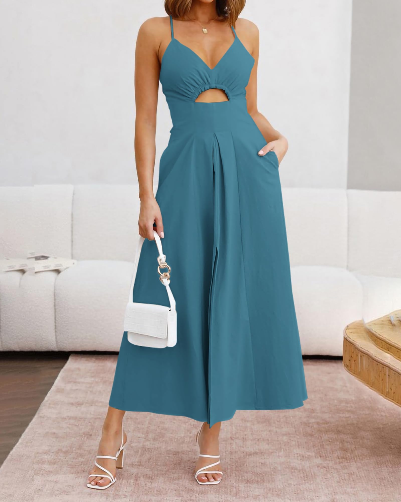 BTFBM Spaghetti Strap V Neck Midi Dress Maxi Dresses, Cutout Slit Casual