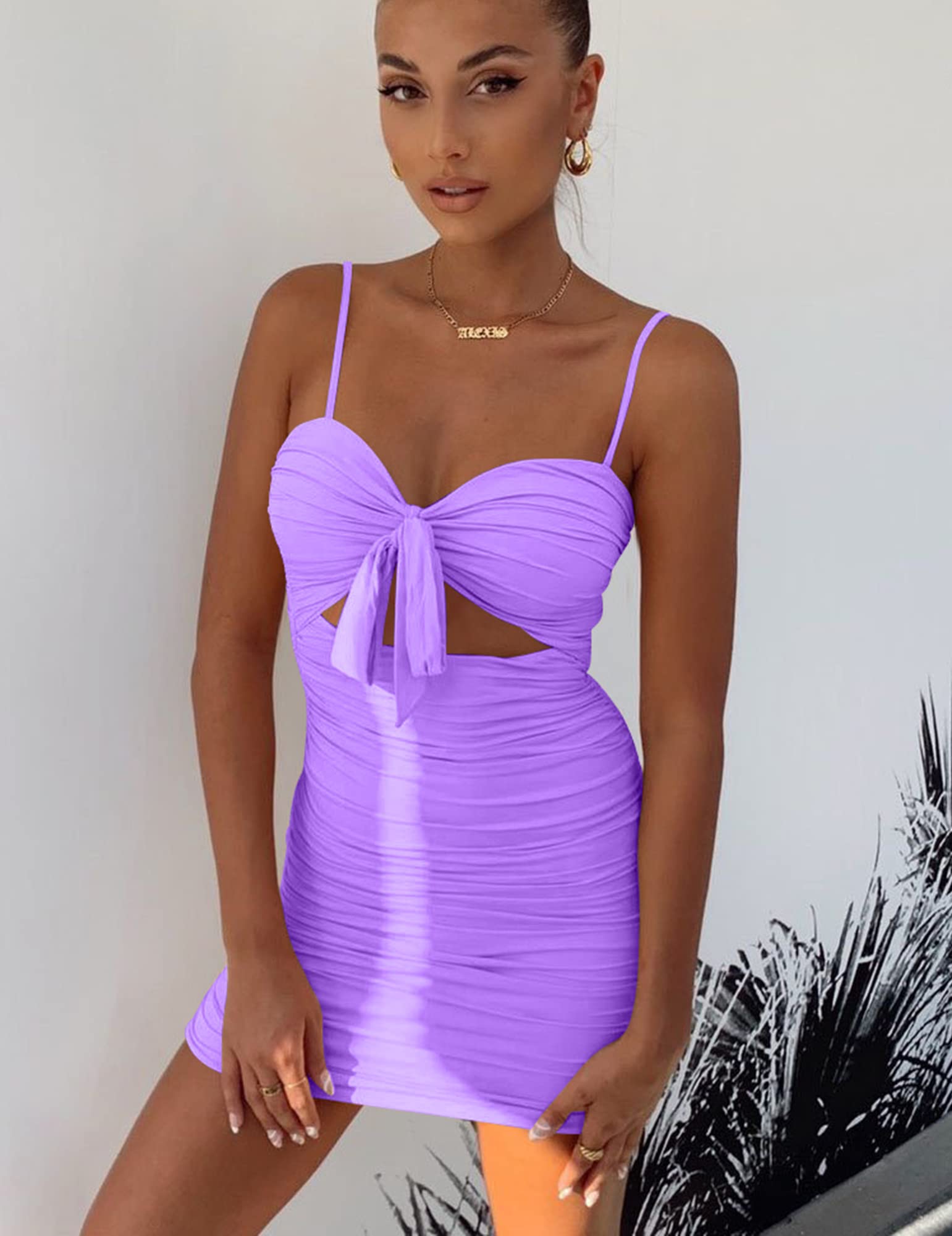 BORIFLORS Women's Sexy Bodycon Cut Out Ruched Backless Spaghetti Strap Mini Club Party Dresses: Large Purple