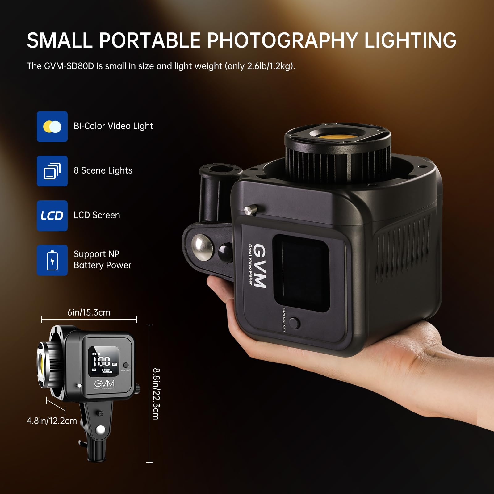 GVM 80W Video Light, Continuous Lighting for Photography with Bowens Mount, , 44100Lux/0.5m Studio Light with APP, CRI 97+ 8 Scene Lights Support AC Adapter & NP Battery