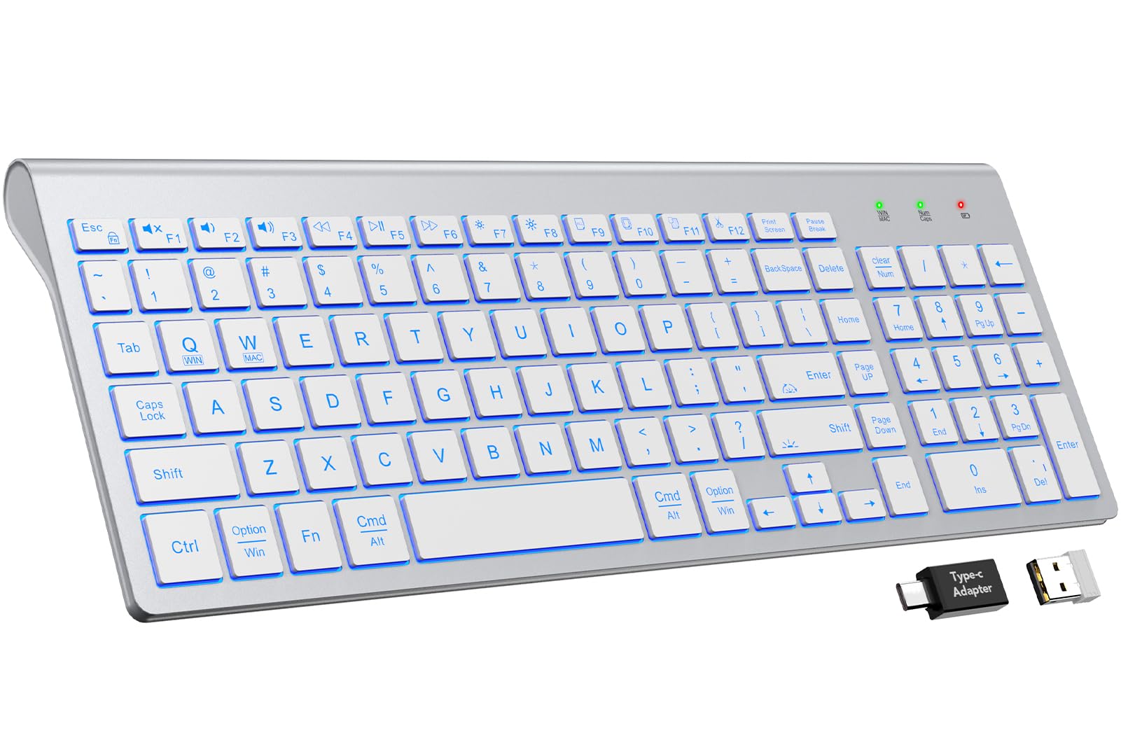 SABLUTE Wireless Keyboard with 7 Colored Backlits, Rechargeable Silent Compact Cordless Computer Keyboard with Low Profile Quiet Light Up Keys for Windows, PC, Linux, Chrome, Mac (White)