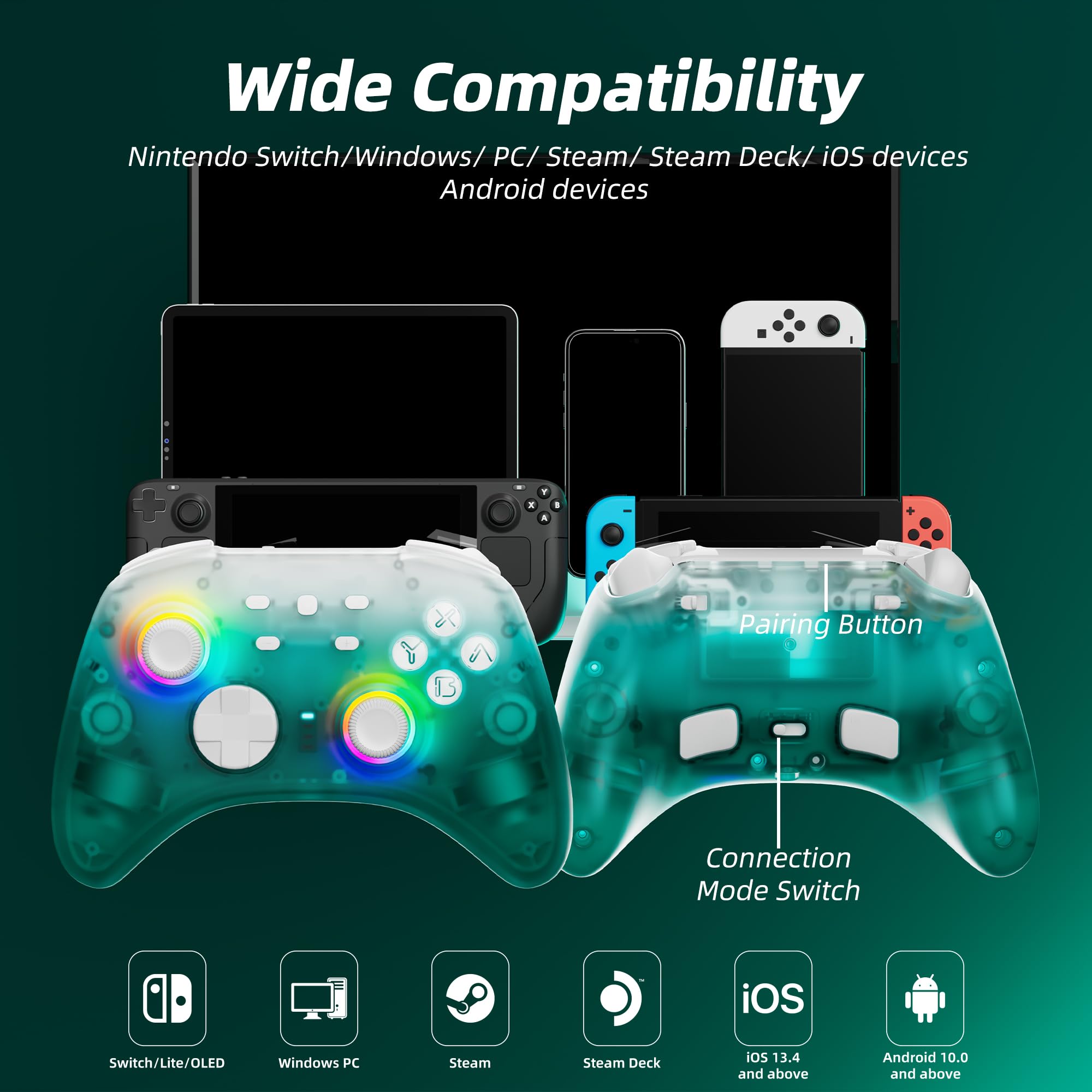 Mytrix Wireless Controllers for Switch/Switch 2, Windows PC iOS Android Steam/Steam Deck, Bluetooth Controller with Programmable, Hall Effect Joysticks, Adjustable LED Light/Turbo/Vibration: Mytrix Wireless Controller for Switch/Switch 2, Windows PC iOS Android Steam, Black Ice Bluetooth Controller with Hall Effect Joysticks/Hall Trigger, RGB Light/Programmable/Turbo/Vibration