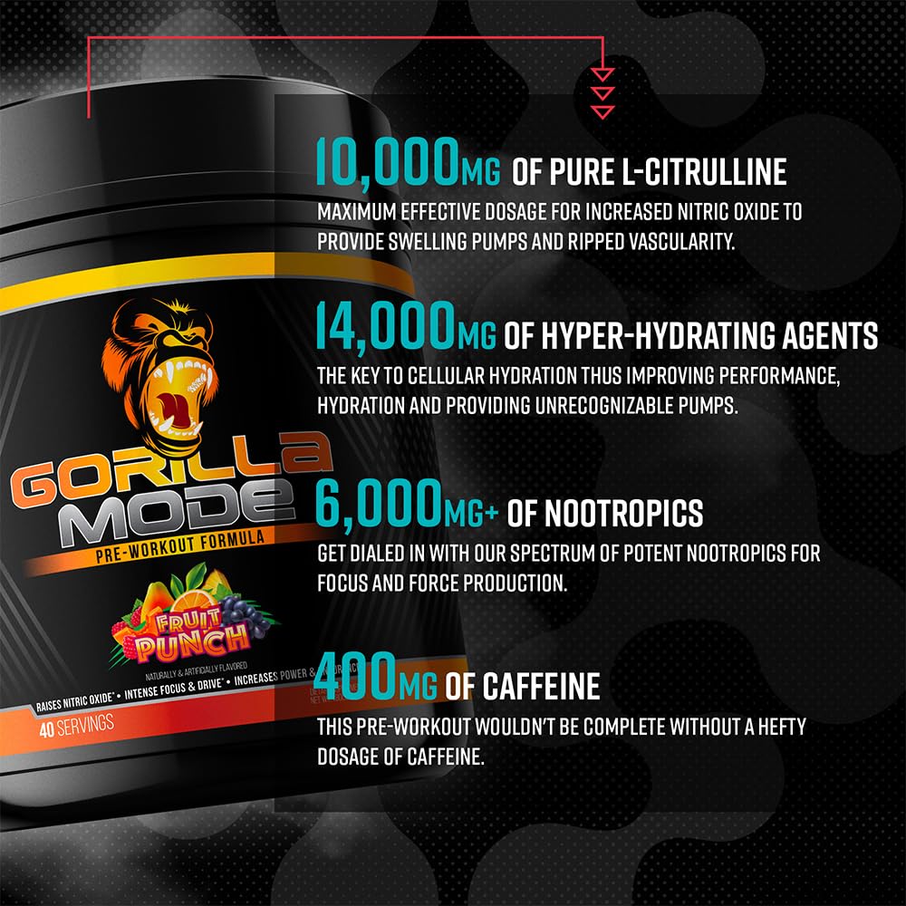Gorilla Mind Pre Workout - Massive Pumps Laser Focus Energy Power - L-Citrulline, Creatine, L-Tyrosine, Betaine, Hydroprime, Alpha-GPC, 400mg Caffeine, Huperzine A 800g (BlackBerry Lemonade)
