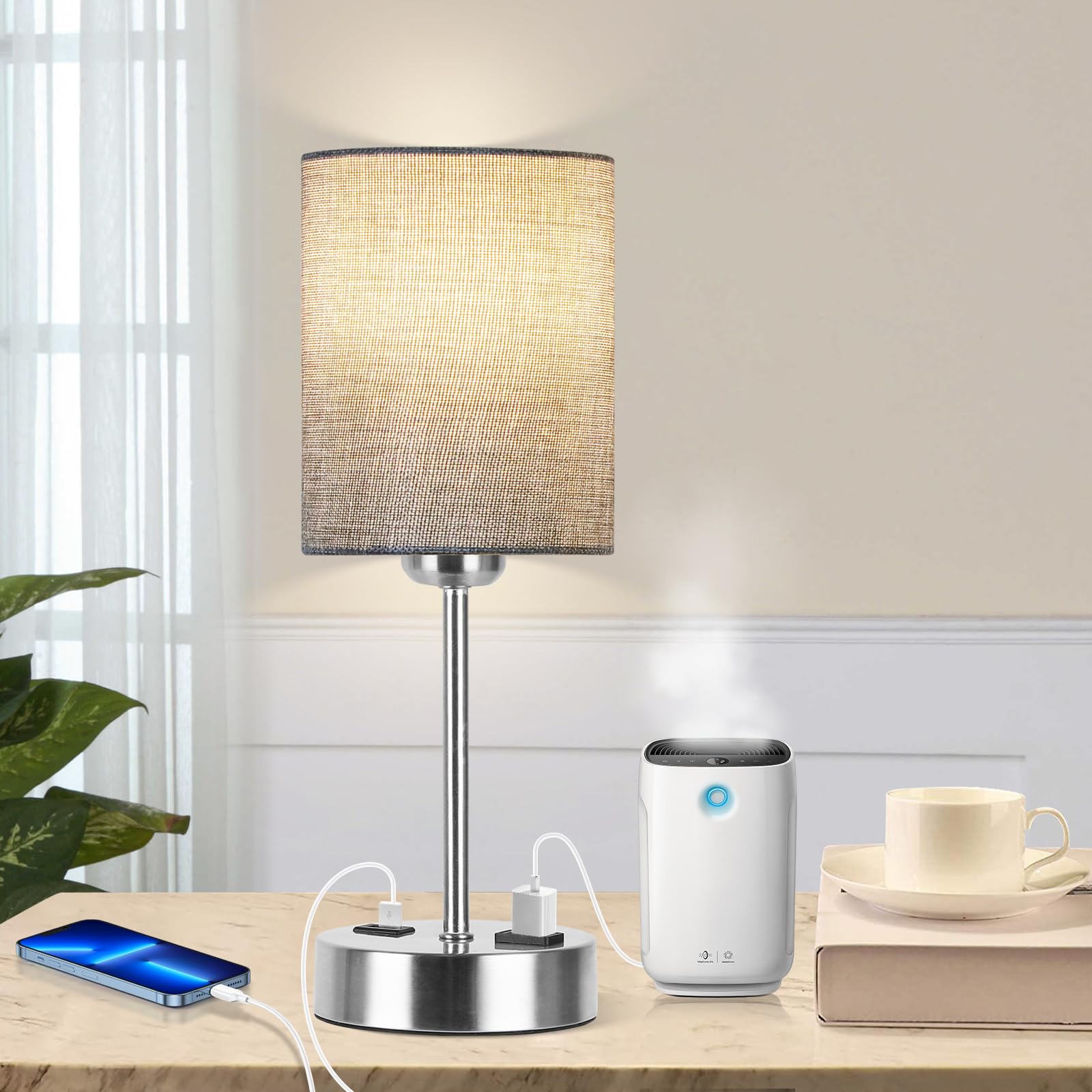 PARTPHONER Touch Table Lamps for Bedroom Set of 2, Bedside Nightstand Lamps with USB Port and Power Outlet, 3 Way Dimmable White Lamp for Living Room Nursery Room, Daylight White Bulbs Included