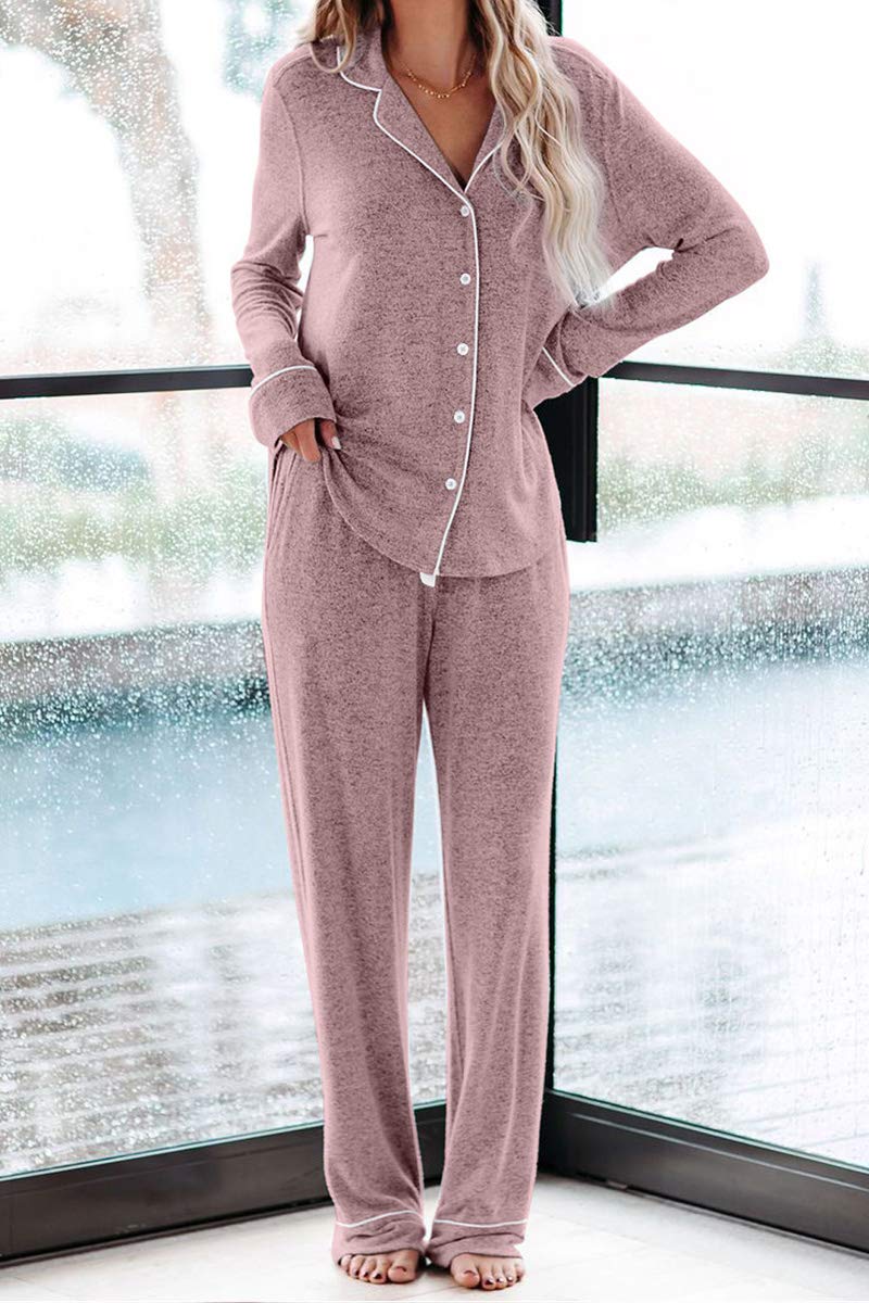 Aamikast Women's Pajama Sets Long Sleeve Button Down Sleepwear Nightwear Soft Pjs Lounge Sets: Pink Small