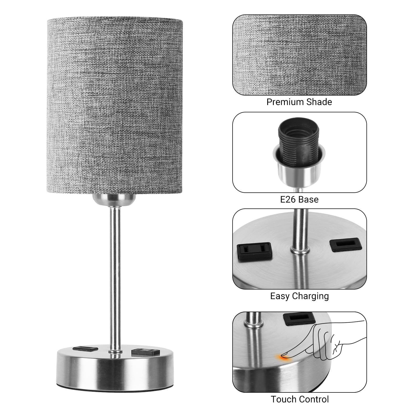 PARTPHONER Touch Table Lamps for Bedroom Set of 2, Bedside Nightstand Lamps with USB Port and Power Outlet, 3 Way Dimmable White Lamp for Living Room Nursery Room, Daylight White Bulbs Included