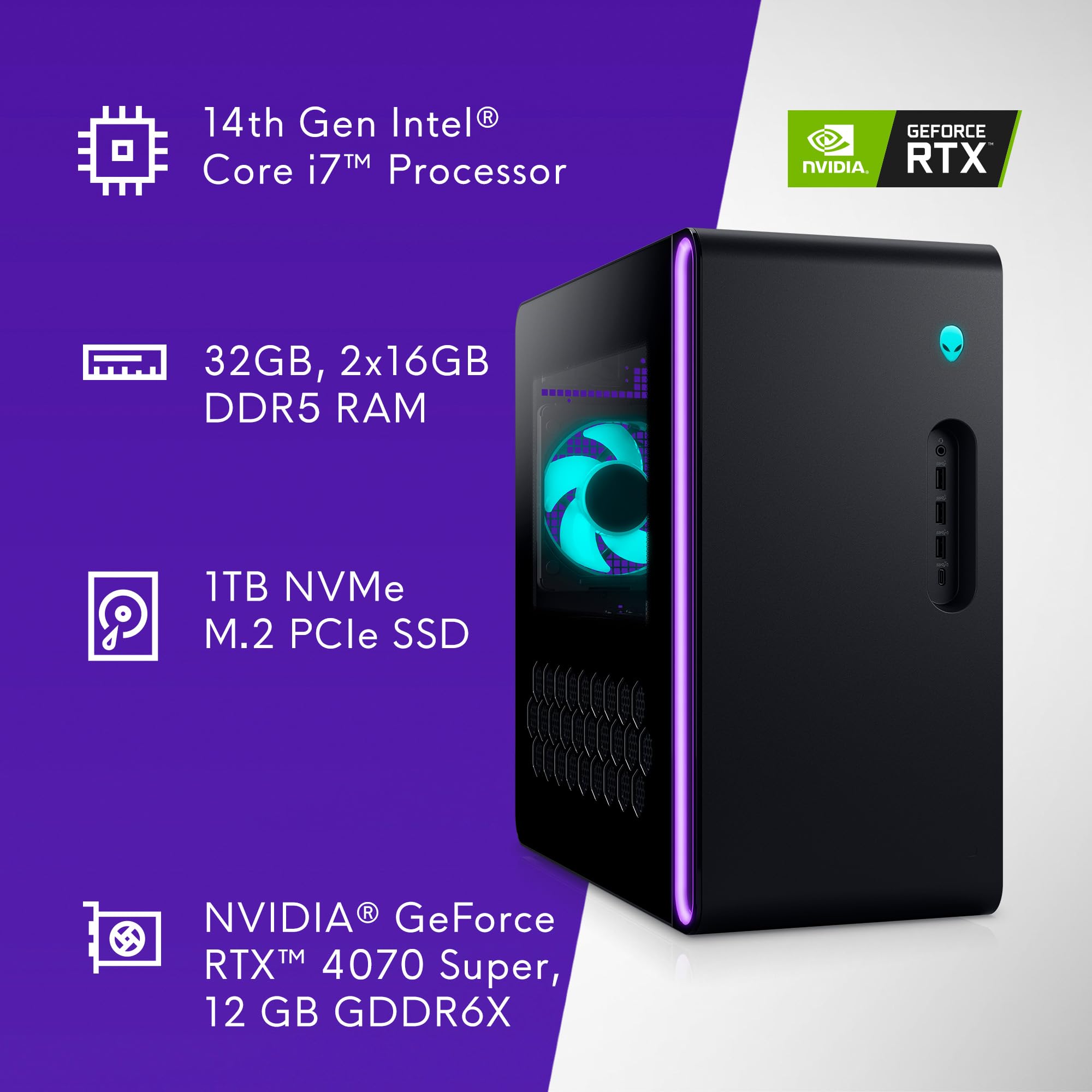 Alienware Aurora R16 Gaming Desktop - Intel Core i7 14700F, 32GB DDR5 RAM, 1TB SSD, NVIDIA GeForce RTX 4070 Super 12GB GDDR6X Graphics, Windows 11 Home, 1 Year Onsite/in-Home Service - Basalt Black