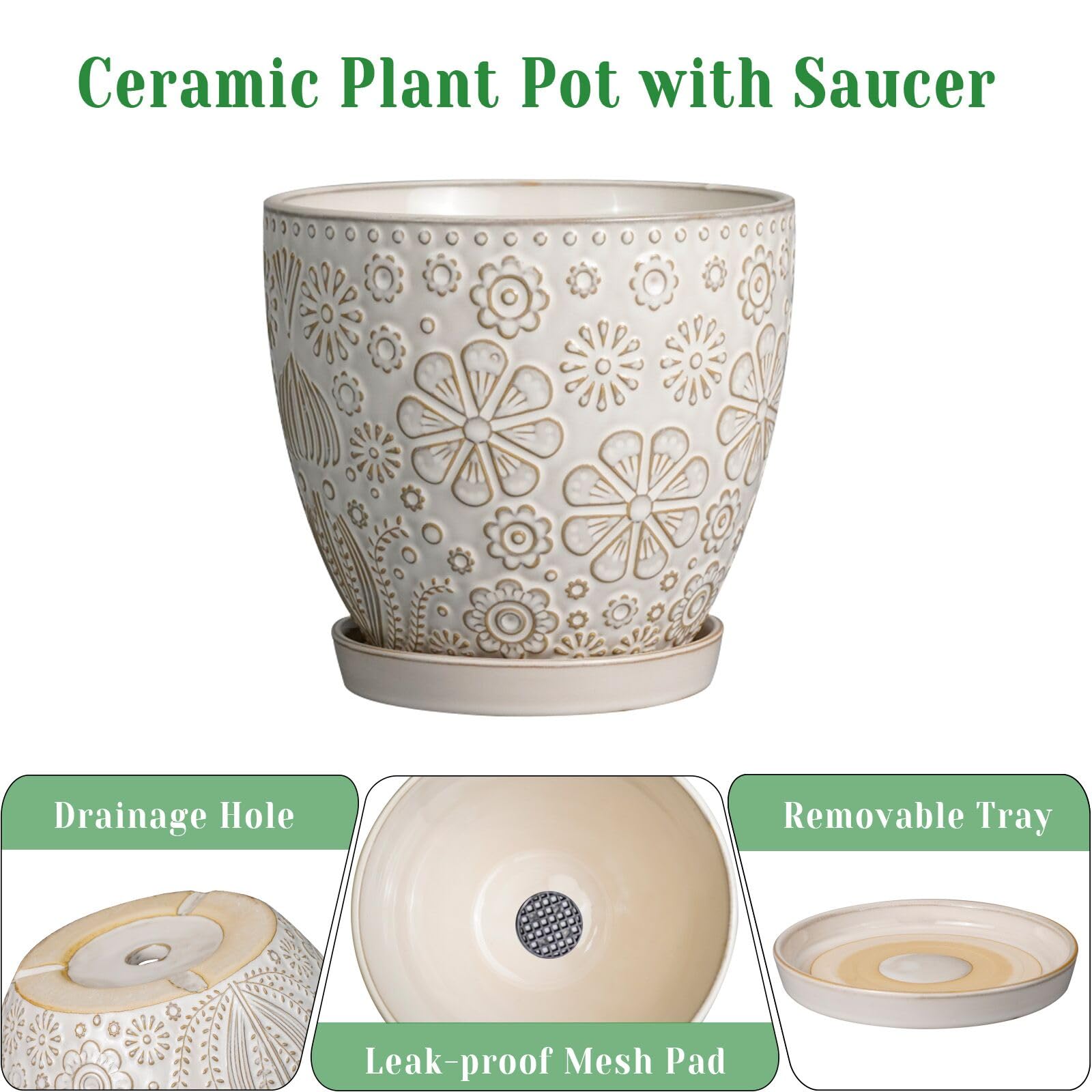 MPotTo 10 Inch Ceramic Planter Pot Large Plant Pot for Indoor Plants Outdoor Round Flower Pot with Drainage Hole and Saucer for Home Garden Decor White