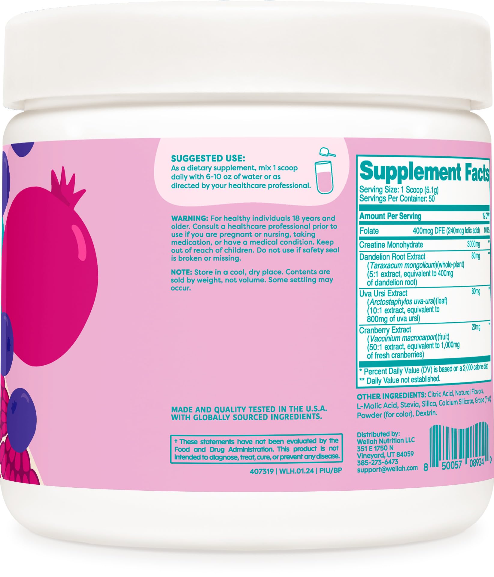 Wellah Creatine for Women (50 Servings, Clementine Peach) - Creatine Monohydrate with Dandelion & Cranberry Extract