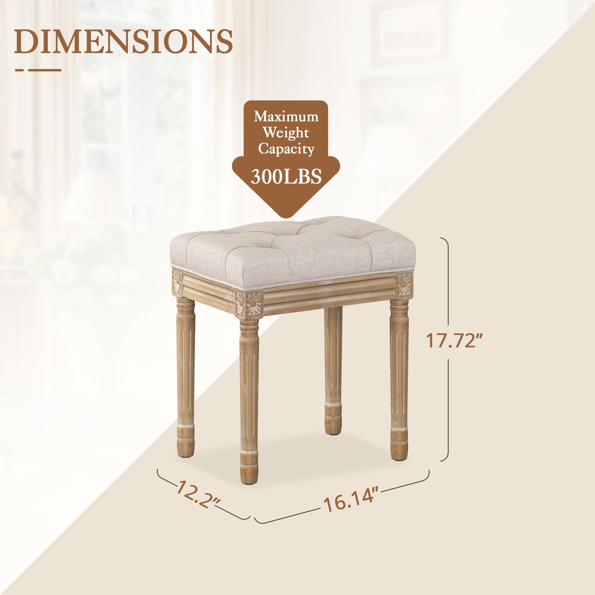 LUE BONA Upholstered Fabric Vanity Bench Seat, Makeup Stools for Vanity, Square Tufted Ottoman Bench with Carved Wood Color Legs for Bedroom Living Room, Beige