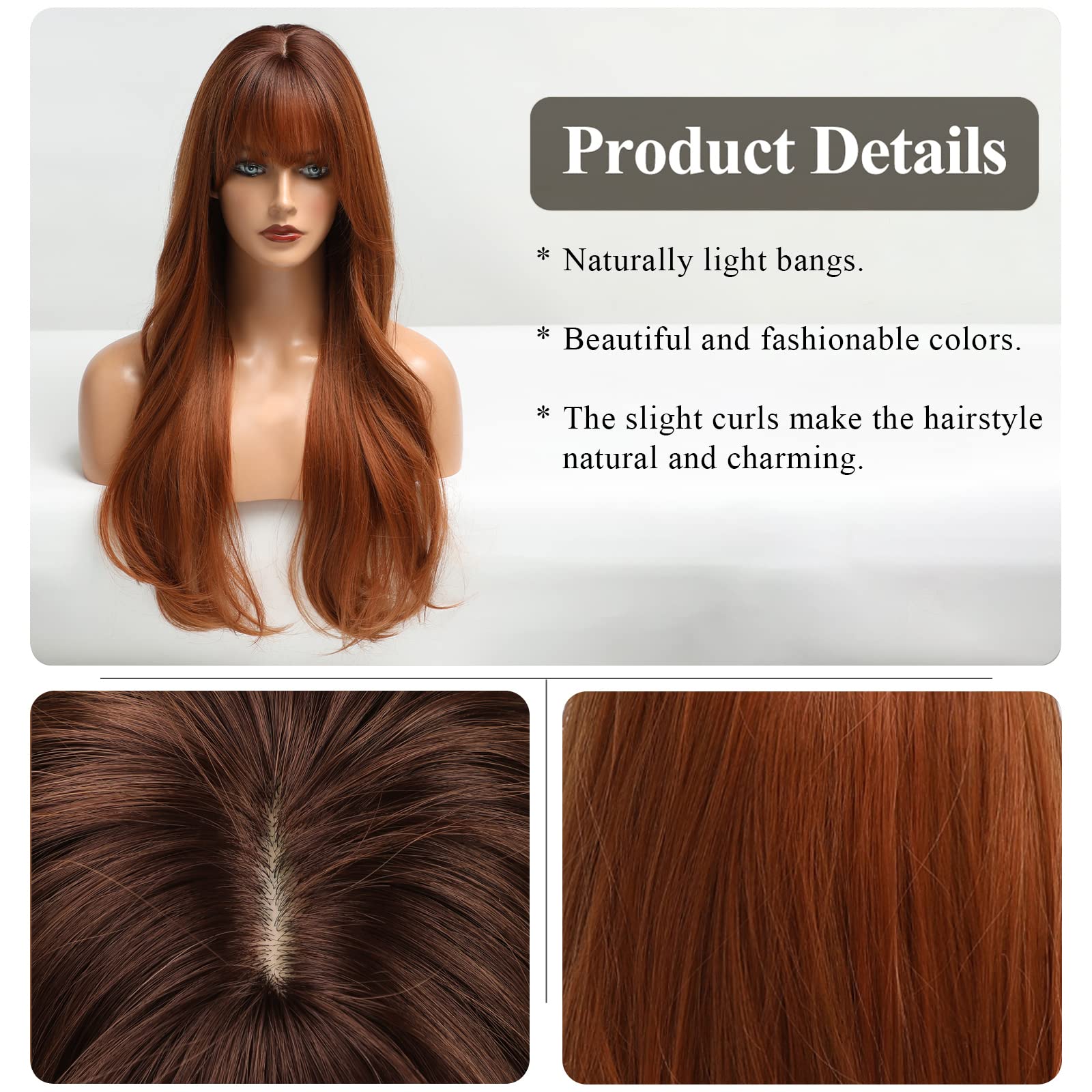 HAIRCUBE Long Wig with Bangs Layered Curly Orange Wigs for Women Natural Synthetic Wigs for Daily Use (pelucas de cabello natural): Auburn