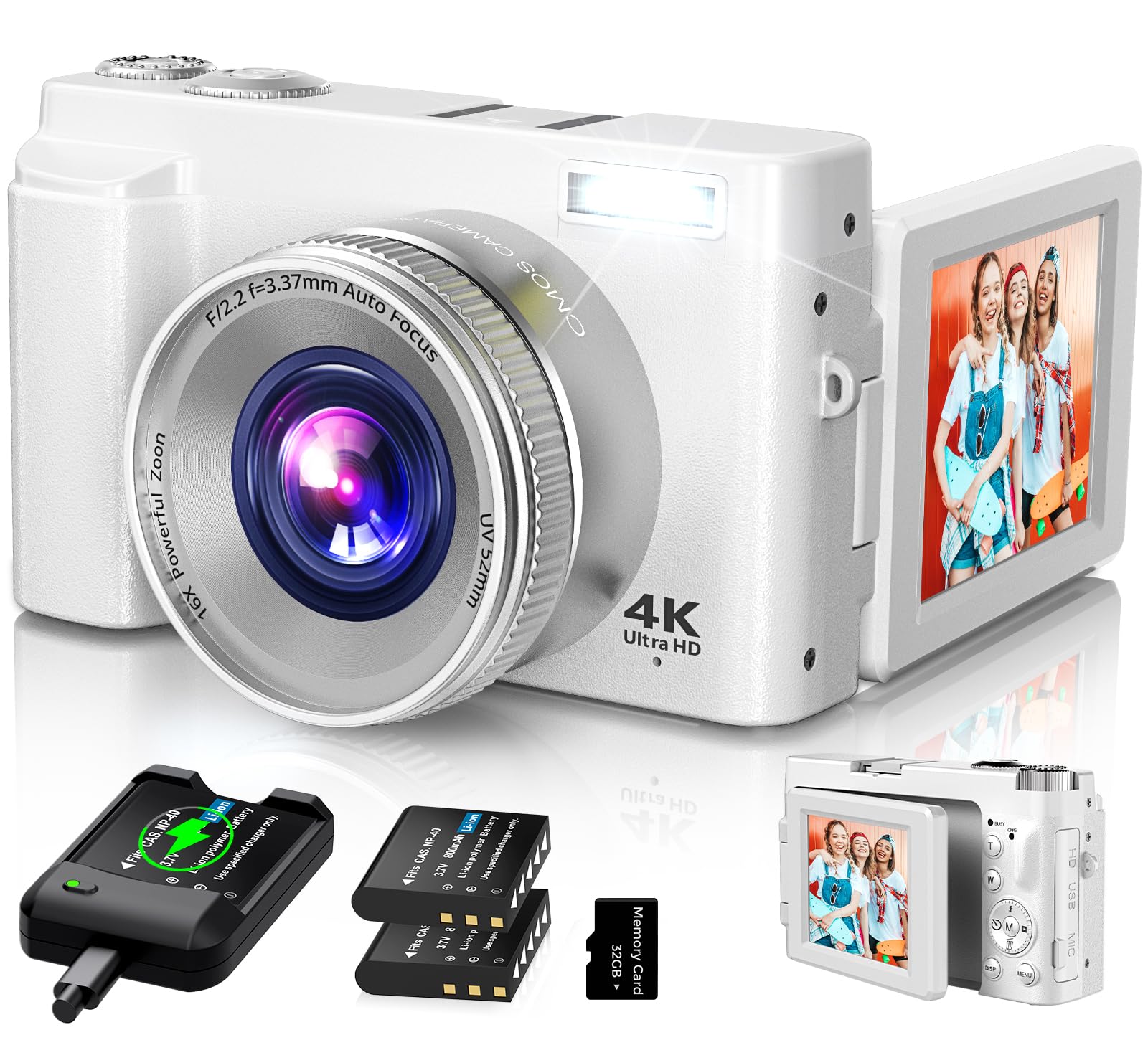 4K Digital Camera for Photography Autofocus, 2024 Latest 48MP Vlogging Camera for YouTube with SD Card, 2 Batteries, 3" 180°Flip Screen Compact Travel Camera for Teens with 16X Zoom, Anti-Shake,: Off White