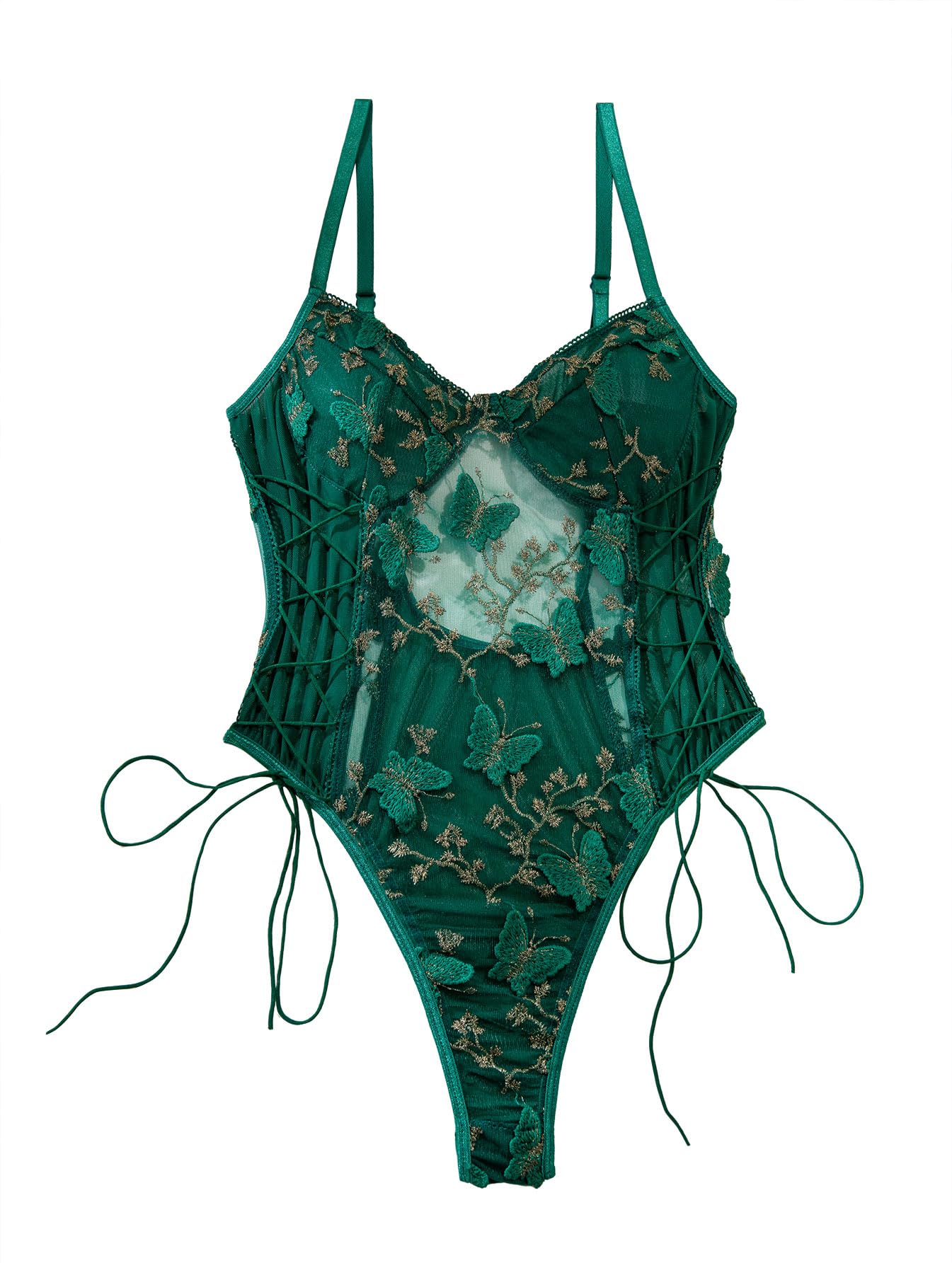 Lilosy Women Sexy Lace Up Floral Embroidered Teddy Lingerie Bodysuit Top Mesh Sheer One Piece