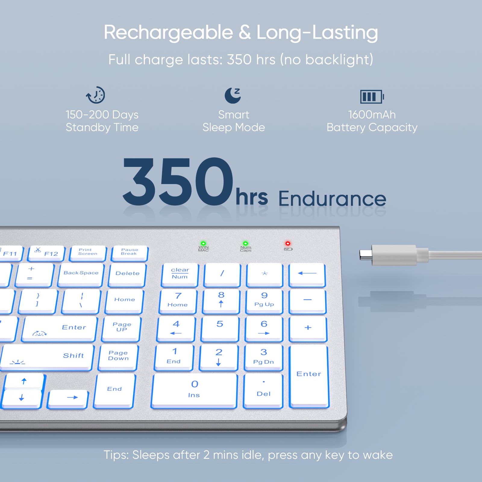 SABLUTE Wireless Keyboard with 7 Colored Backlits, Rechargeable Silent Compact Cordless Computer Keyboard with Low Profile Quiet Light Up Keys for Windows, PC, Linux, Chrome, Mac (White)