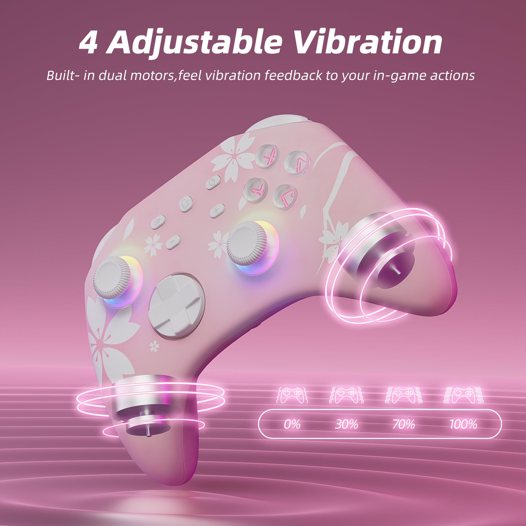 Mytrix Wireless Controllers for Switch/Switch 2, Windows PC iOS Android Steam/Steam Deck, Bluetooth Controller with Programmable, Hall Effect Joysticks, Adjustable LED Light/Turbo/Vibration: Sakura Pink
