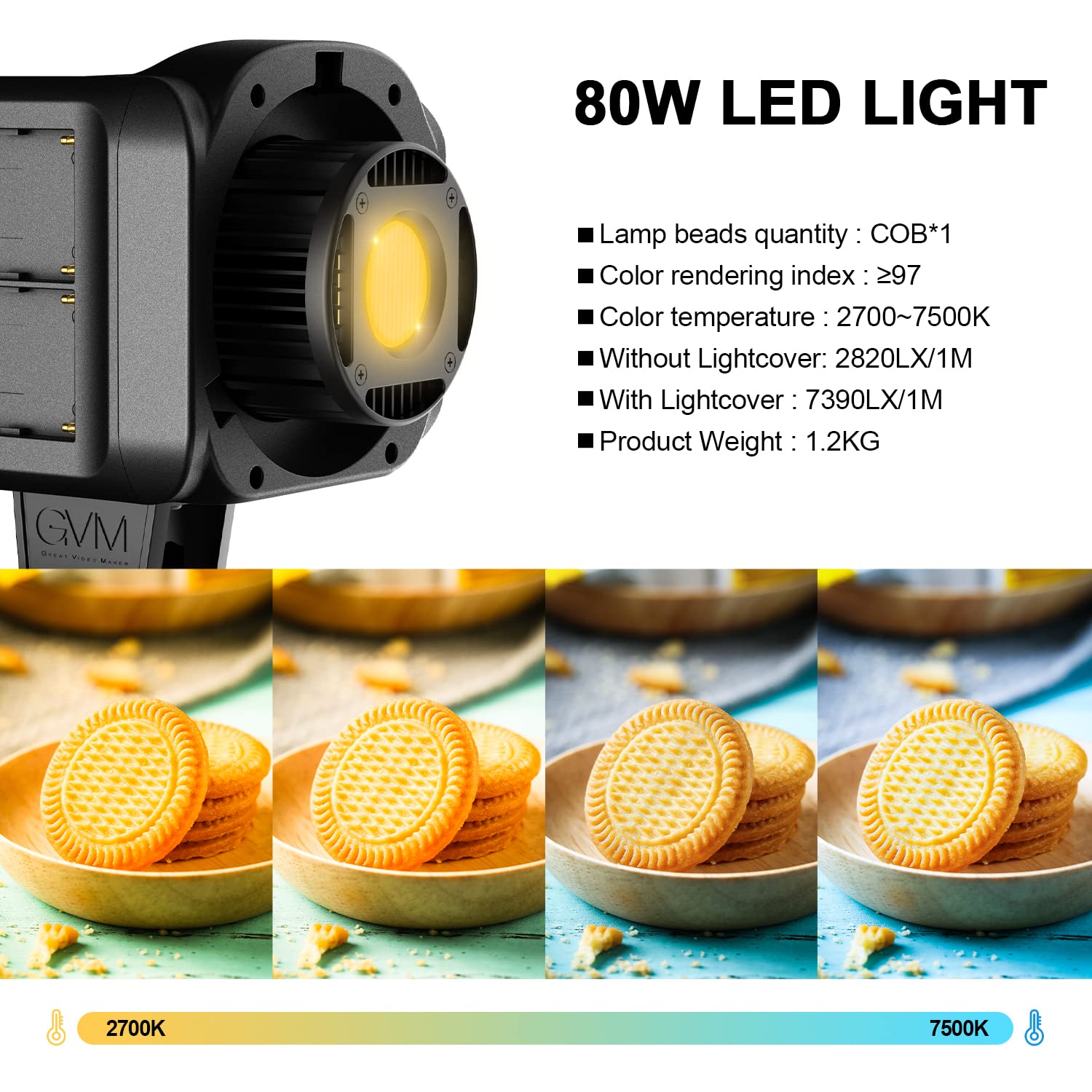 GVM 80W Video Light, Continuous Lighting for Photography with Bowens Mount, , 44100Lux/0.5m Studio Light with APP, CRI 97+ 8 Scene Lights Support AC Adapter & NP Battery