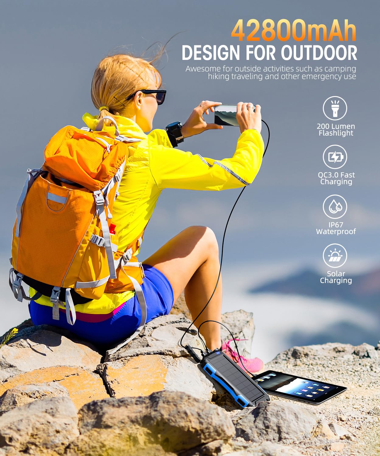 Solar Charger, Power Bank, 42800mAh Portable Charger Power Bank External Battery Pack 5V3.1A Qc 3.0 Fast Charger Built-in Super Bright Flashlight (Black)