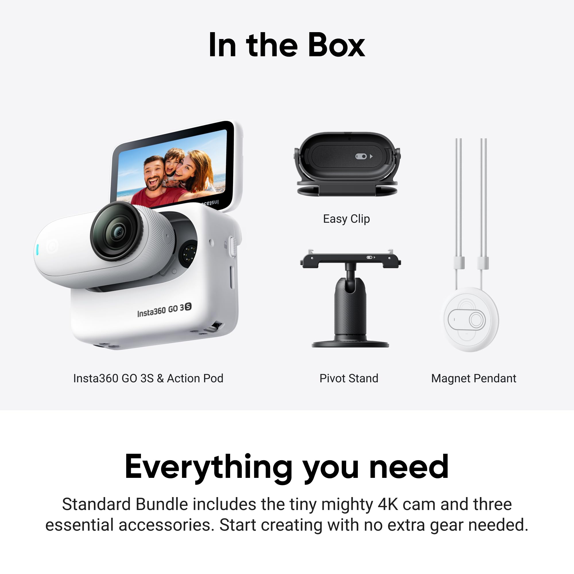 Insta360 GO 3S - 128 GB Black 4K Tiny Portable Vlogging Camera, Hands-Free POVs, Mount Anywhere, Stabilization, 140 Min Battery Life, 10m Waterproof, Pet POV: White Standard Bundle