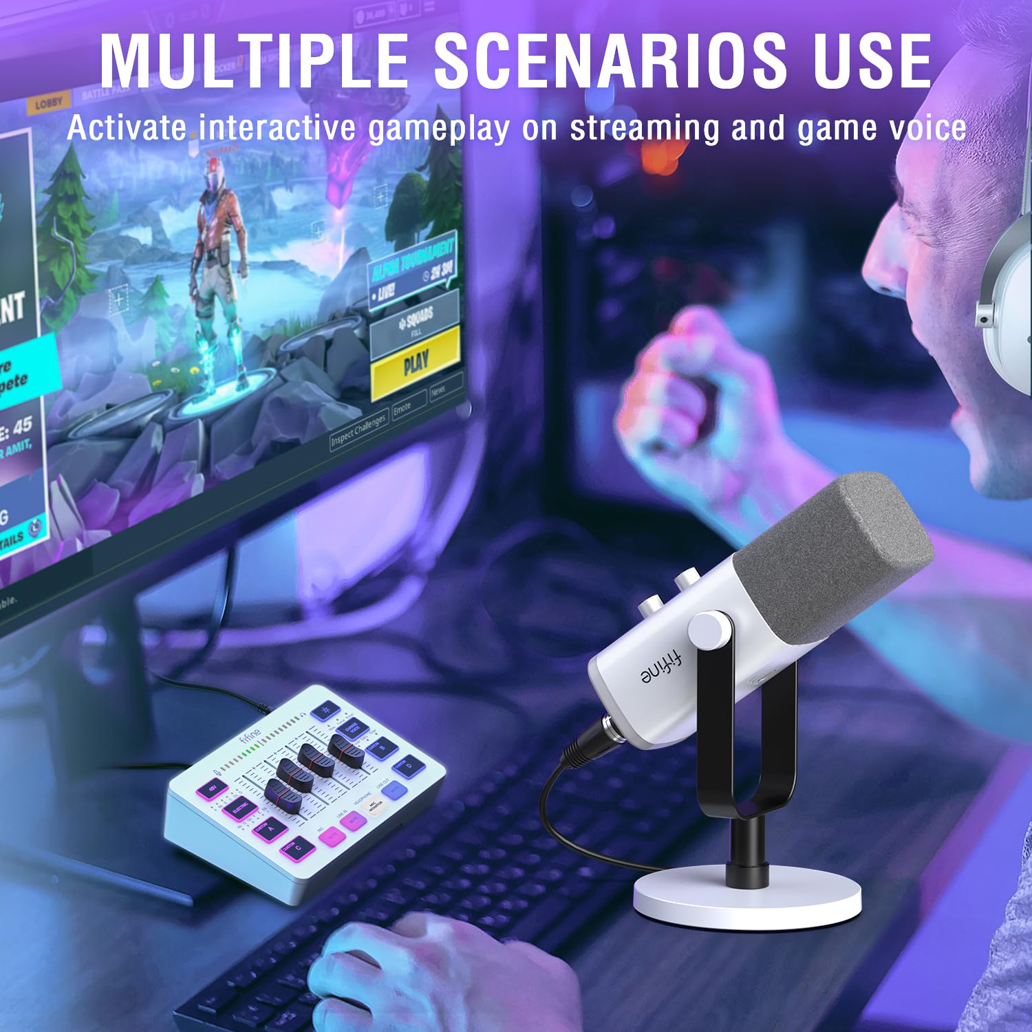 FIFINE Gaming Equipment Bundle, Dynamic XLR/USB Gaming Microphone Set with Streaming Audio Mixer for Podcast Recording Video Vocal, RGB Gamer Set with Volume Fader/XLR Interface for PC-AmpliGame KS5