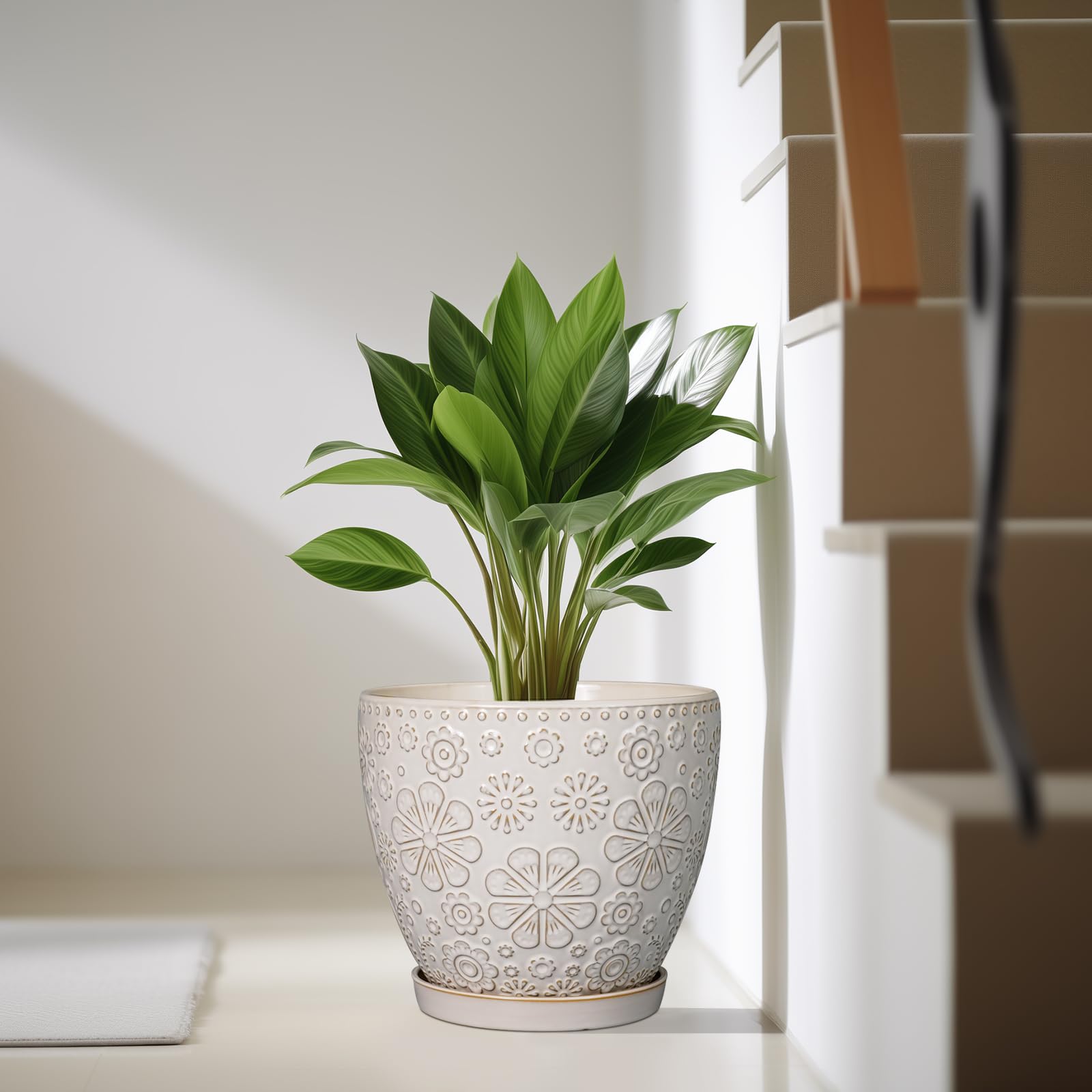 MPotTo 10 Inch Ceramic Planter Pot Large Plant Pot for Indoor Plants Outdoor Round Flower Pot with Drainage Hole and Saucer for Home Garden Decor White
