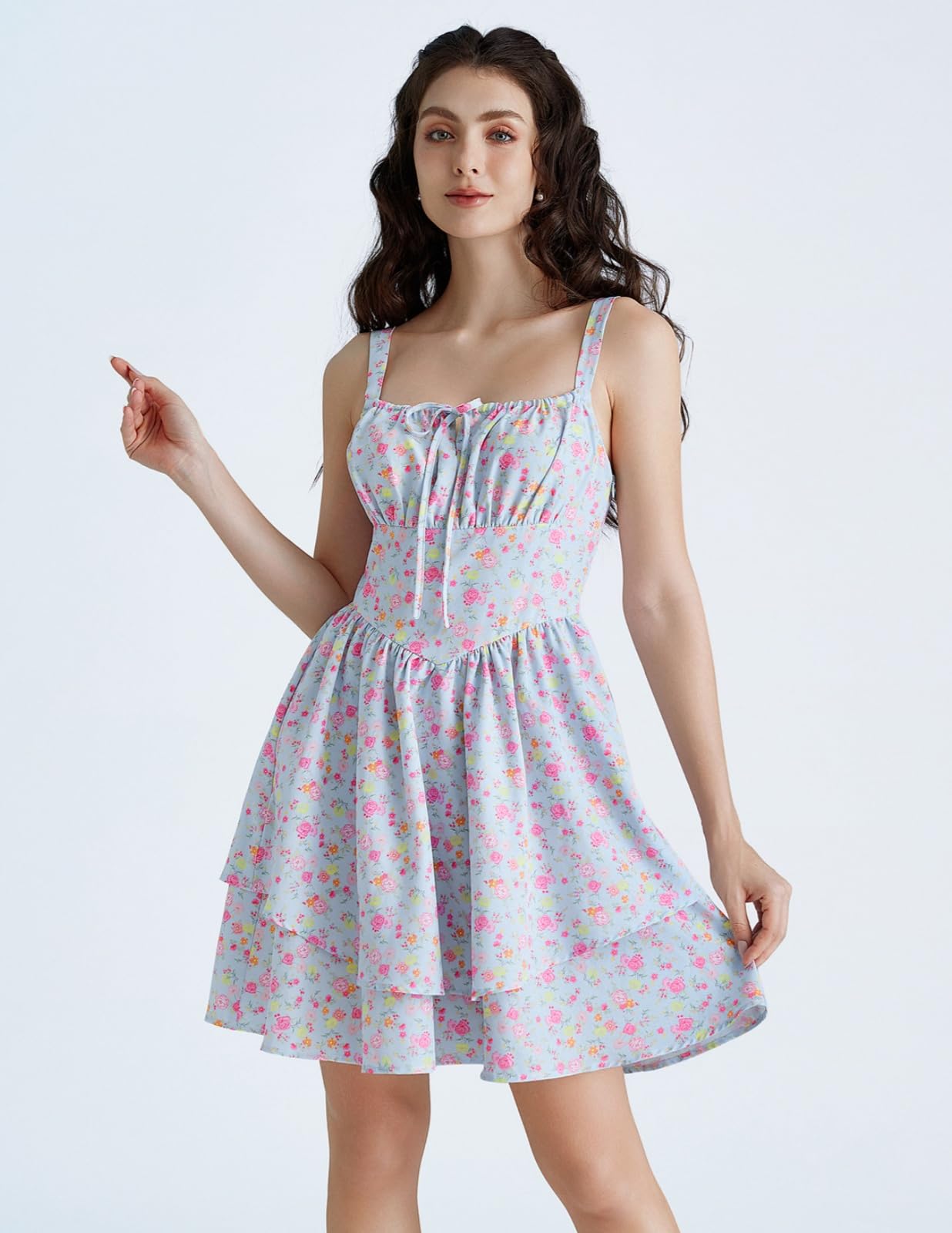 Scarlet Darkness Floral Corset Dress for Women Ruffle Mini Dress Summer Sundress: Large Blue Pink Floral