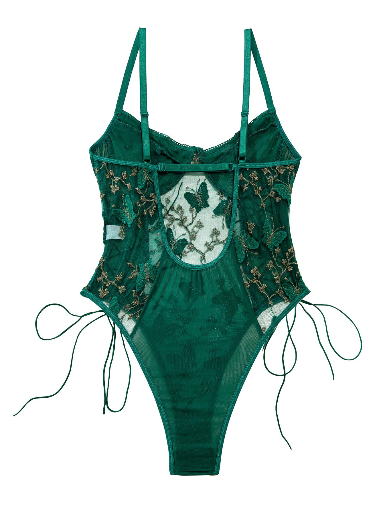 Lilosy Women Sexy Lace Up Floral Embroidered Teddy Lingerie Bodysuit Top Mesh Sheer One Piece