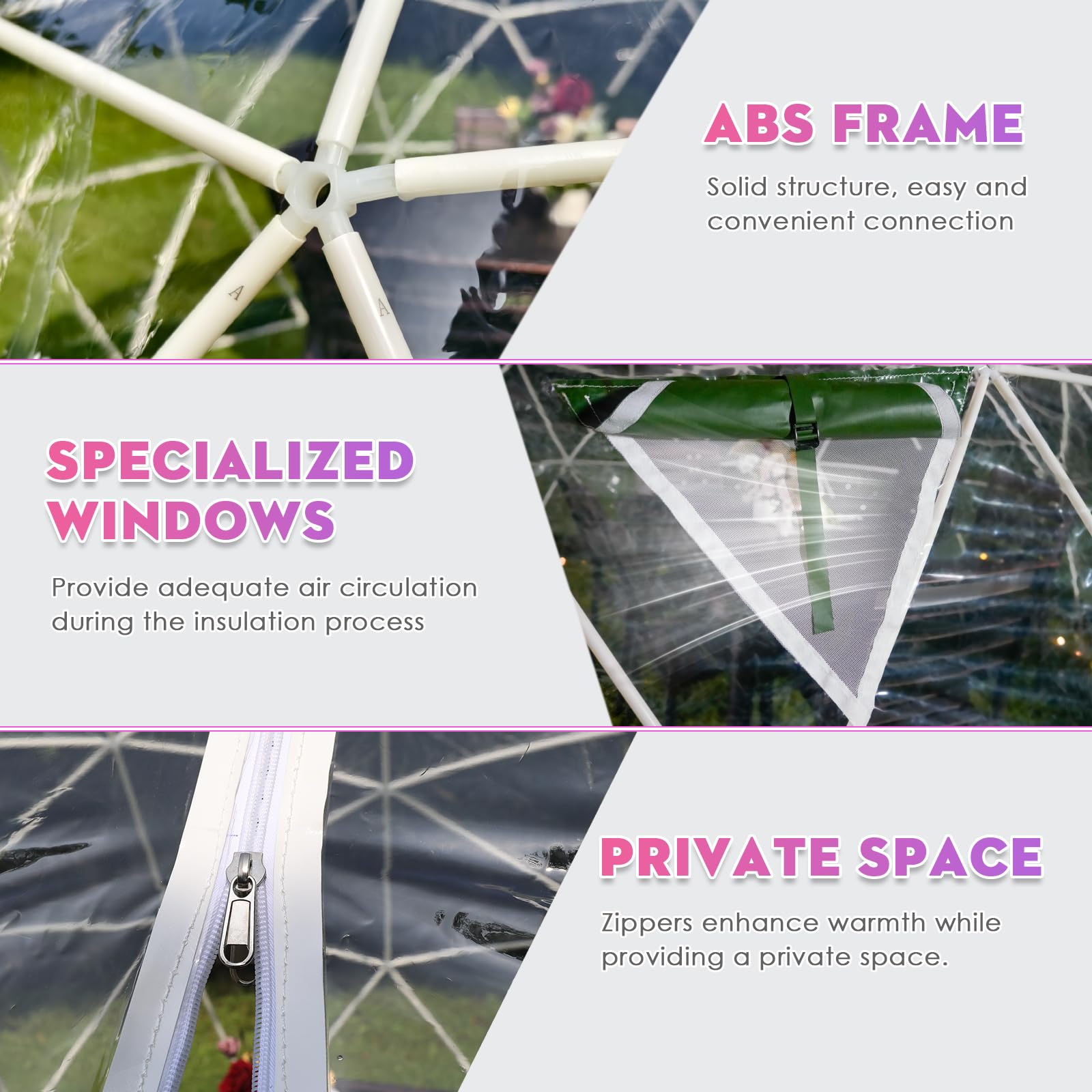 12FT Garden Dome lgloo, Geodesic Dome Greenhouse with PVC Clear Cover, Waterproof Garden Bubble Dome Tent House with 2 x 10M Light Strings for Outdoor, Patio, Backyard, Party (White, 9.7FT/2.9M)