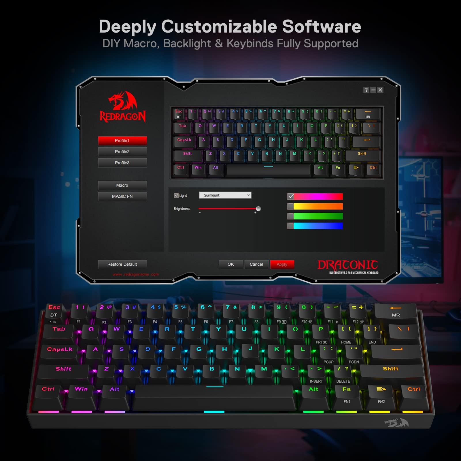 Redragon K530 Pro Draconic 60% Wireless RGB Mechanical Keyboard, BT/2.4Ghz/Wired 3-Mode 61 Keys Compact Gaming Keyboard w/Hot-Swap Socket, Free-Mod Plate Mounted PCB & Clicky Blue Switch