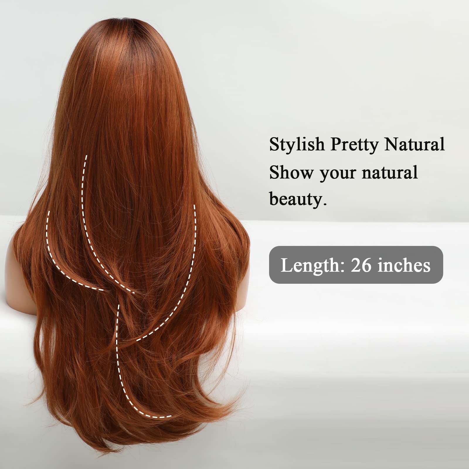 HAIRCUBE Long Wig with Bangs Layered Curly Orange Wigs for Women Natural Synthetic Wigs for Daily Use (pelucas de cabello natural): Auburn