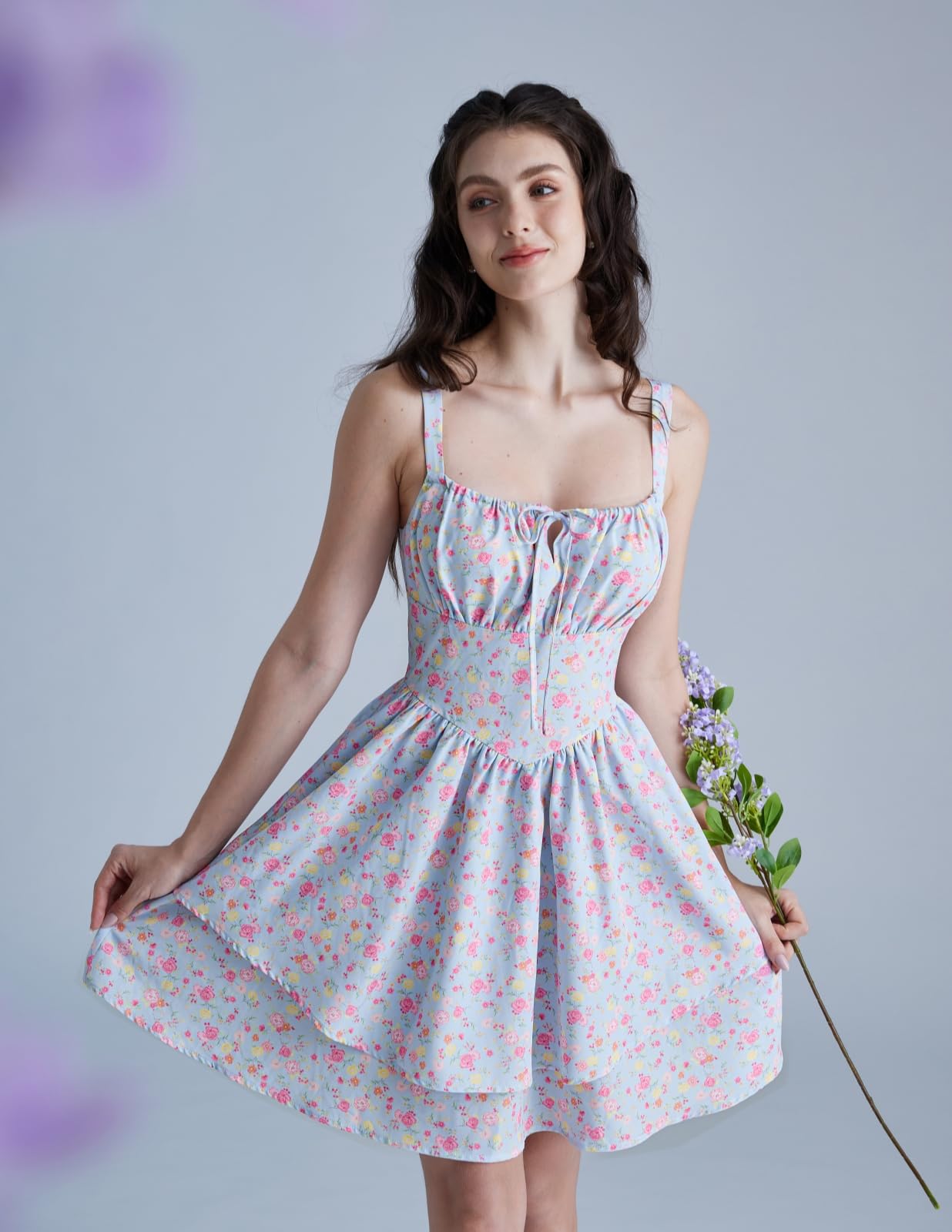 Scarlet Darkness Floral Corset Dress for Women Ruffle Mini Dress Summer Sundress: Large Blue Pink Floral