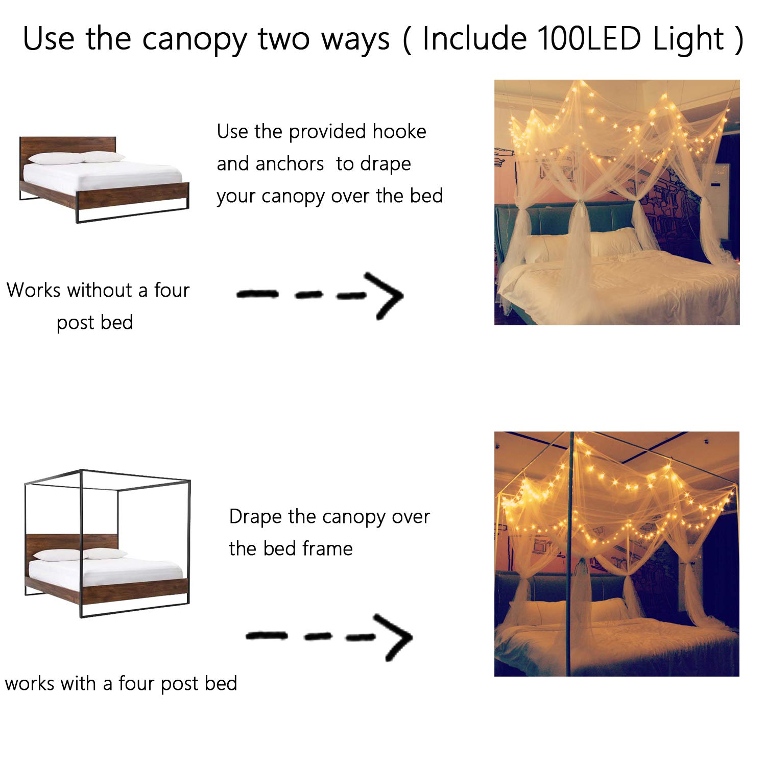 Bed Canopy with LED Star Lights, Canopy Bed Curtain with RGB Color Changing String Lights with Smart App Control Remote for Princess Girls Bedroom, Suggested for Twin Full Queen King Bed