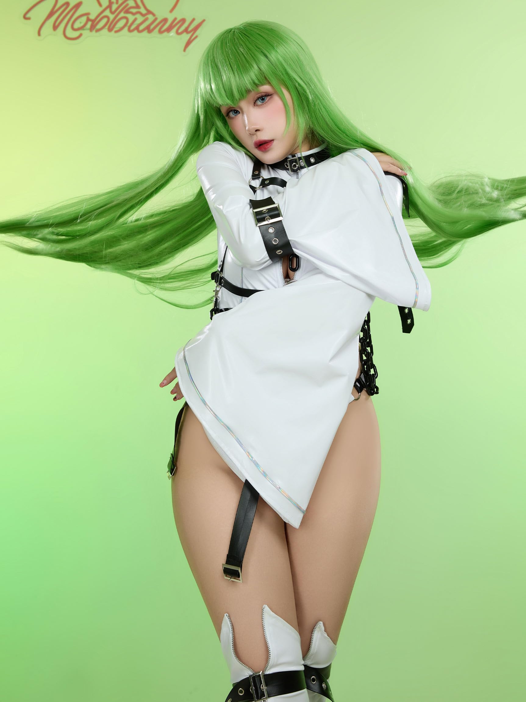 Mobbunny Women Anime Cosplay Costume Sexy Bodysuit Halloween Cutout Strap Jumpsuit With Stocking and Arm Ring: Small White