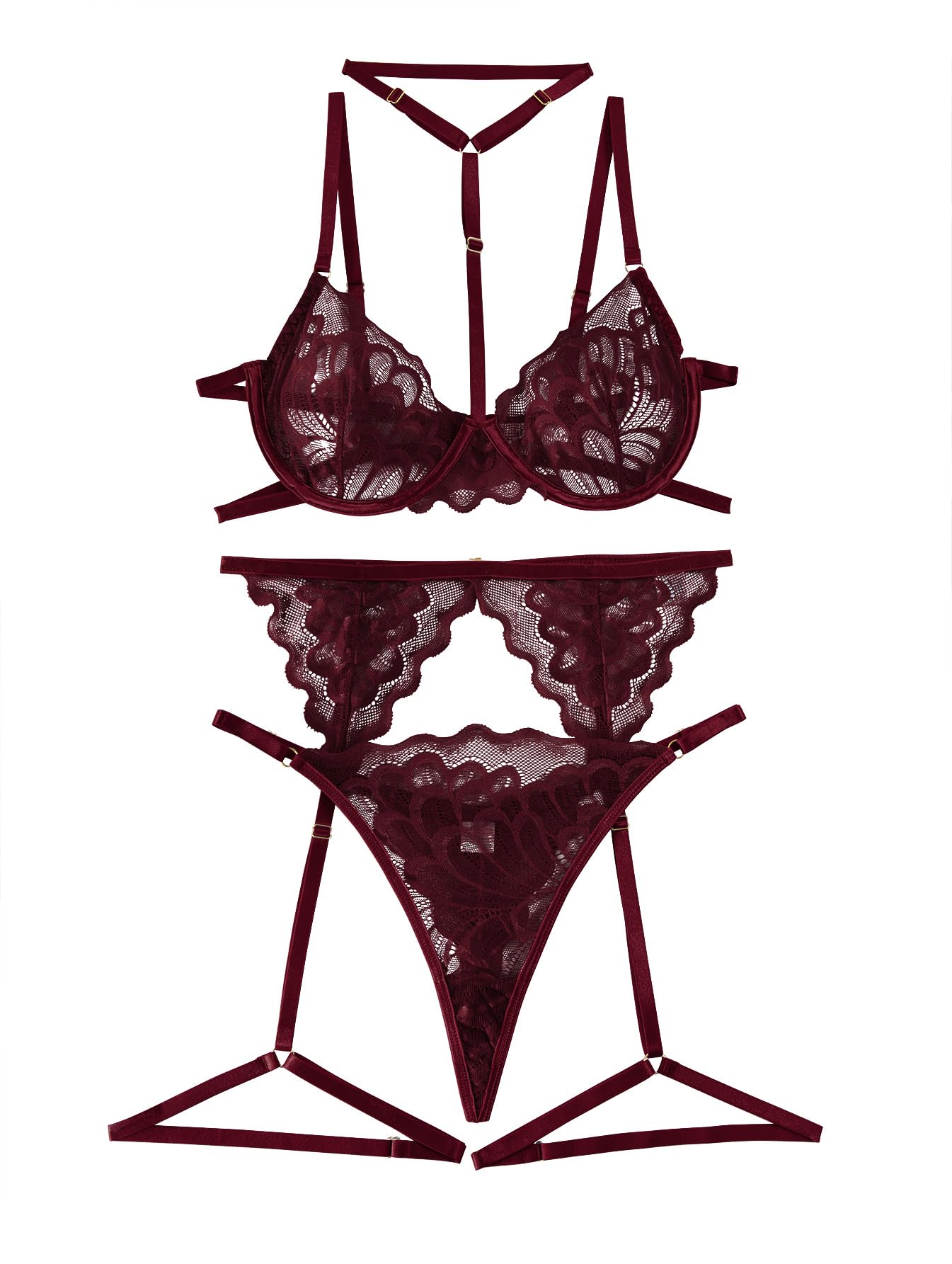 Lilosy Sexy Choker Floral Lace Scallop Sheer Underwire Push Up Garter Belt Lingerie Set 3 Piece: Large Burgundy Red