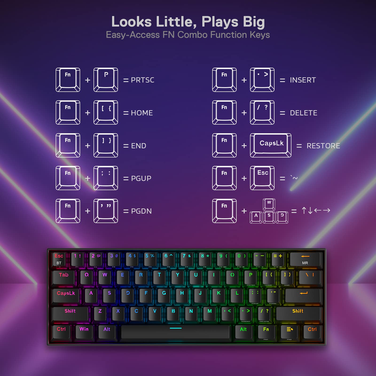 Redragon K530 Pro Draconic 60% Wireless RGB Mechanical Keyboard, BT/2.4Ghz/Wired 3-Mode 61 Keys Compact Gaming Keyboard w/Hot-Swap Socket, Free-Mod Plate Mounted PCB & Clicky Blue Switch