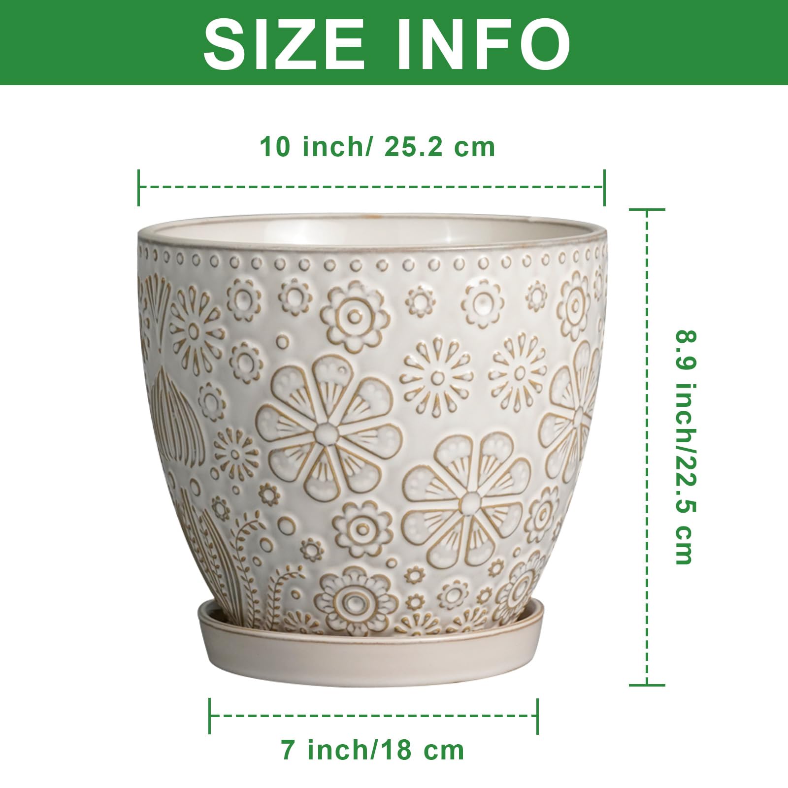 MPotTo 10 Inch Ceramic Planter Pot Large Plant Pot for Indoor Plants Outdoor Round Flower Pot with Drainage Hole and Saucer for Home Garden Decor White