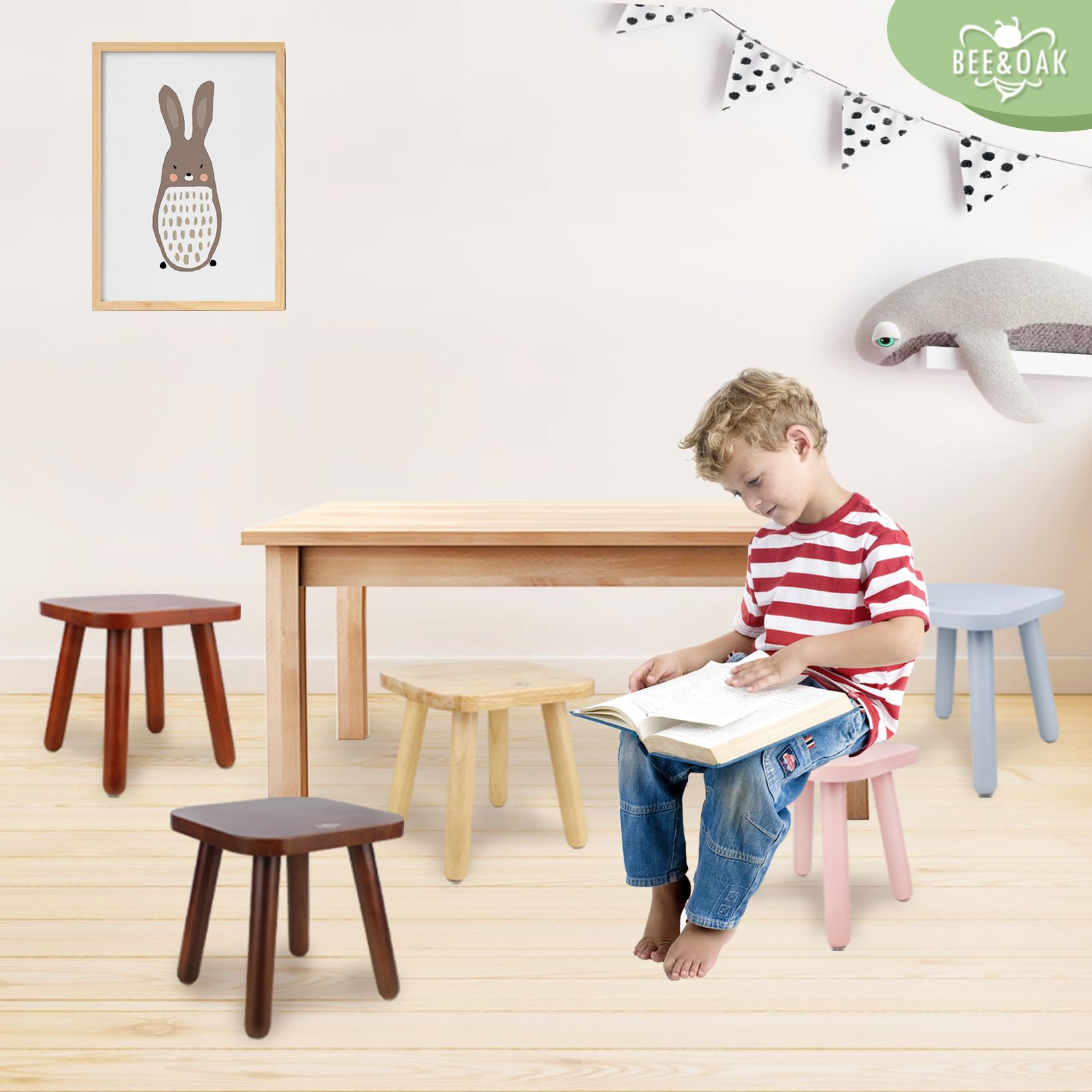 BEE&OAK Wooden Step Stools for Adults, Solid Rubber Wood Non-Slip Step Foot Stool, Heavy Duty 300 lbs One Step Stool for Bedroom, Bathroom, Kitchen (Pink, 9.25" (D) x 9.25"(W) x 8.86"(H))