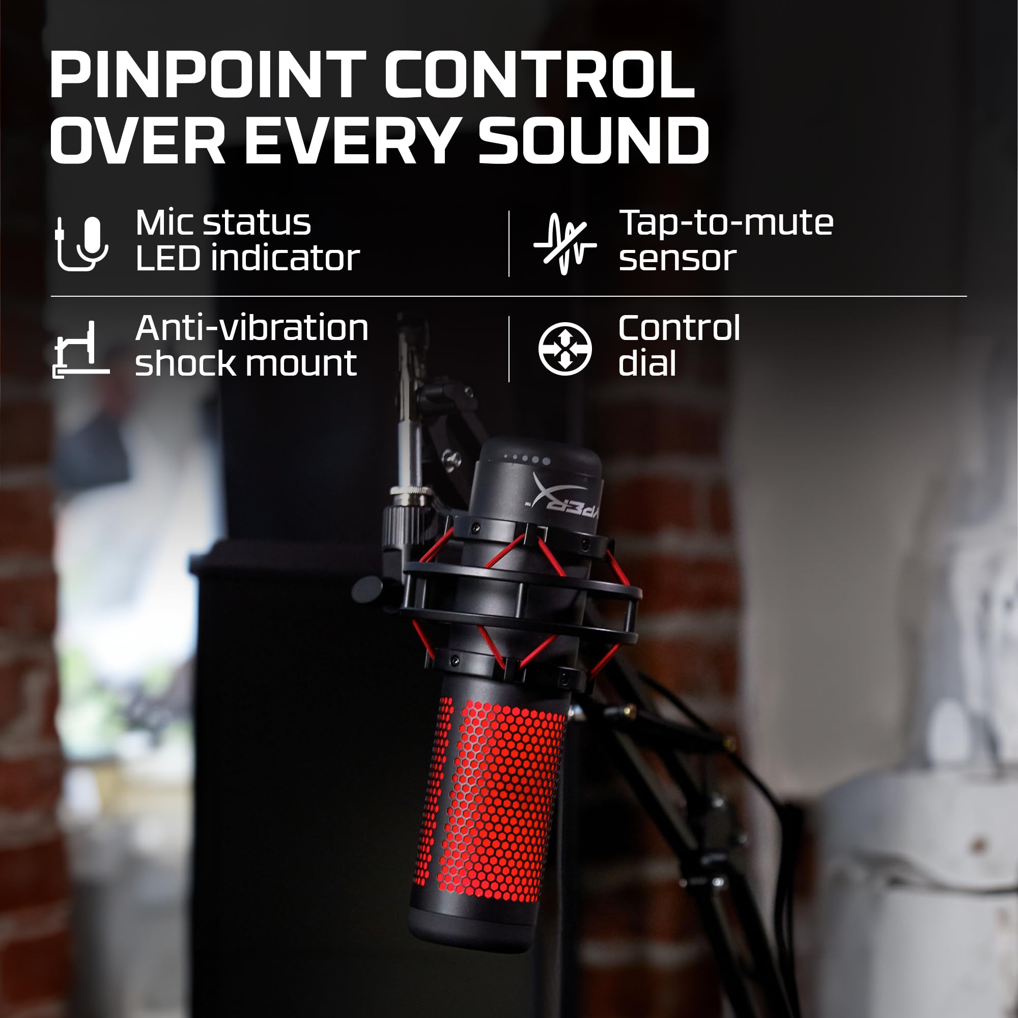 HyperX QuadCast - USB Condenser Gaming Microphone, for PC, PS4, PS5 and Mac, Anti-Vibration Shock Mount, Four Polar Patterns, Pop Filter, Gain Control, Podcasts, Twitch, YouTube, Discord, Red LED: QuadCast QuadCast