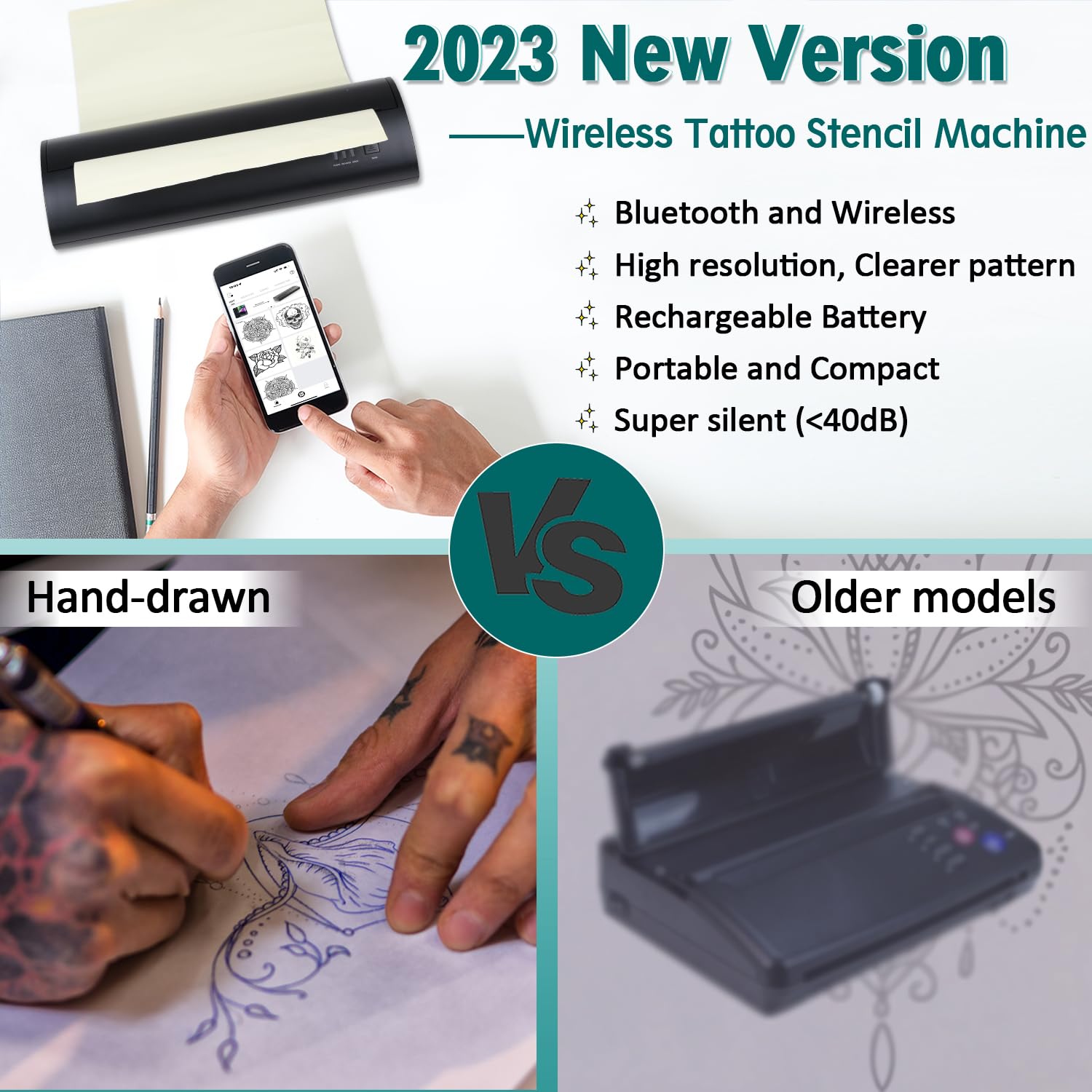 Atelics Wireless Tattoo Transfer Stencil Printer, with Storage Case and 10Pcs Transfer Paper, Portable Tattoo Transfer Thermal Copier Machine, Compatible for iOS&Android Phone, iPad&PC