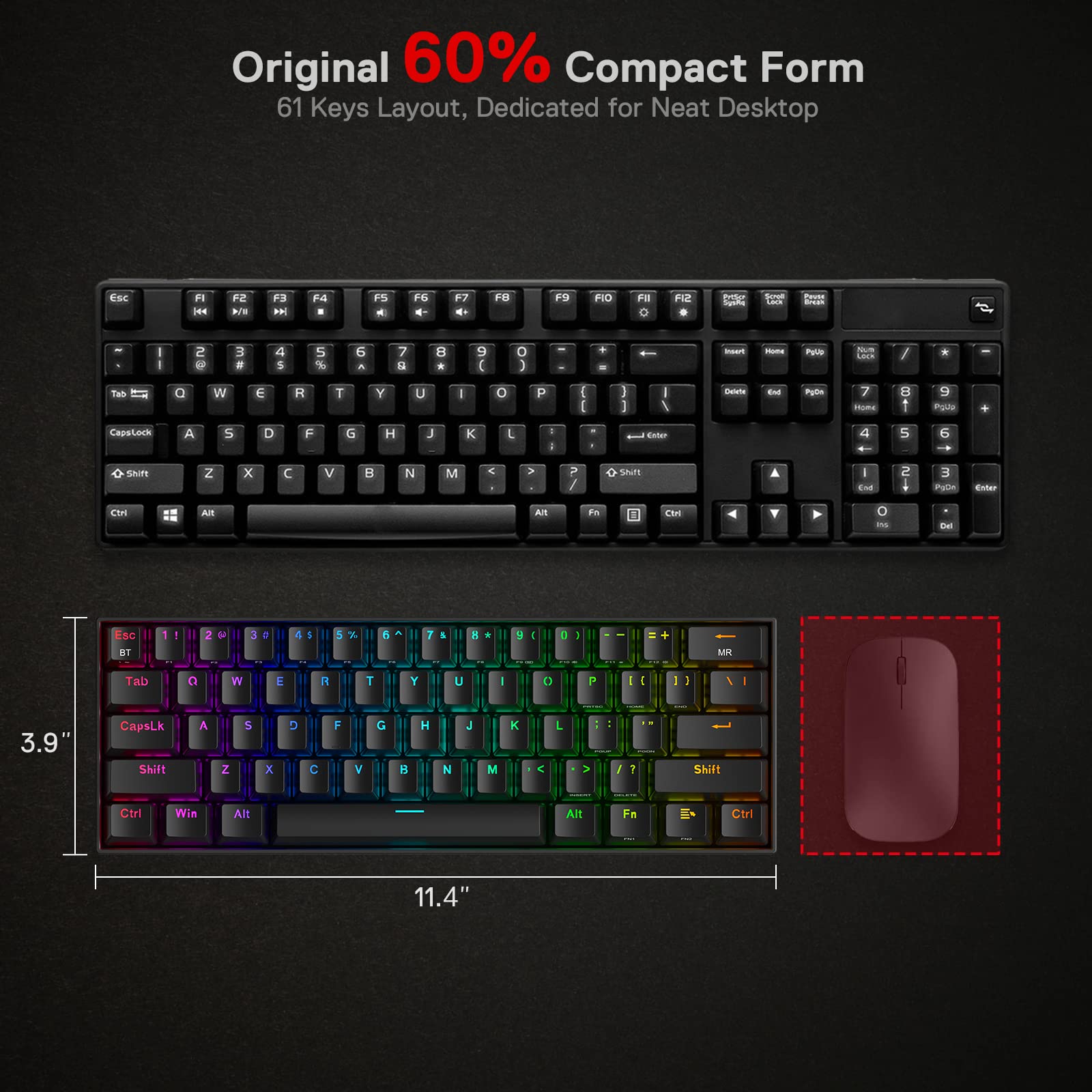 Redragon K530 Pro Draconic 60% Wireless RGB Mechanical Keyboard, BT/2.4Ghz/Wired 3-Mode 61 Keys Compact Gaming Keyboard w/Hot-Swap Socket, Free-Mod Plate Mounted PCB & Clicky Blue Switch