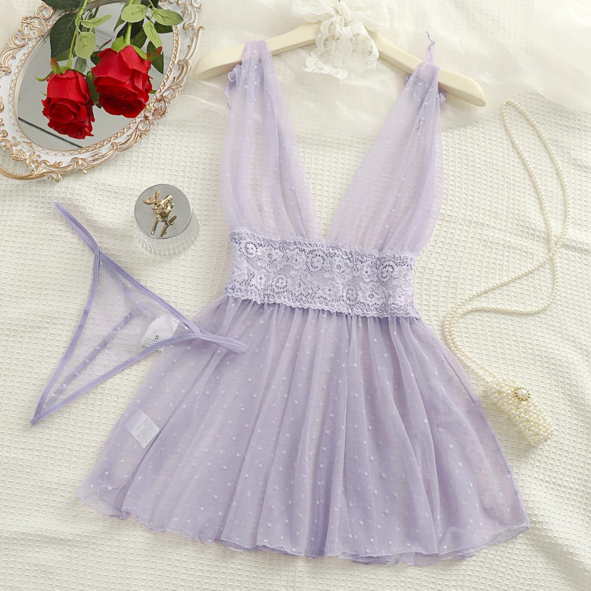 Lilosy Sexy Polka Dots Mesh Sheer Lace Babydoll Chemise Lingerie Set Floral Sleep Wear: Large Lavender Purple