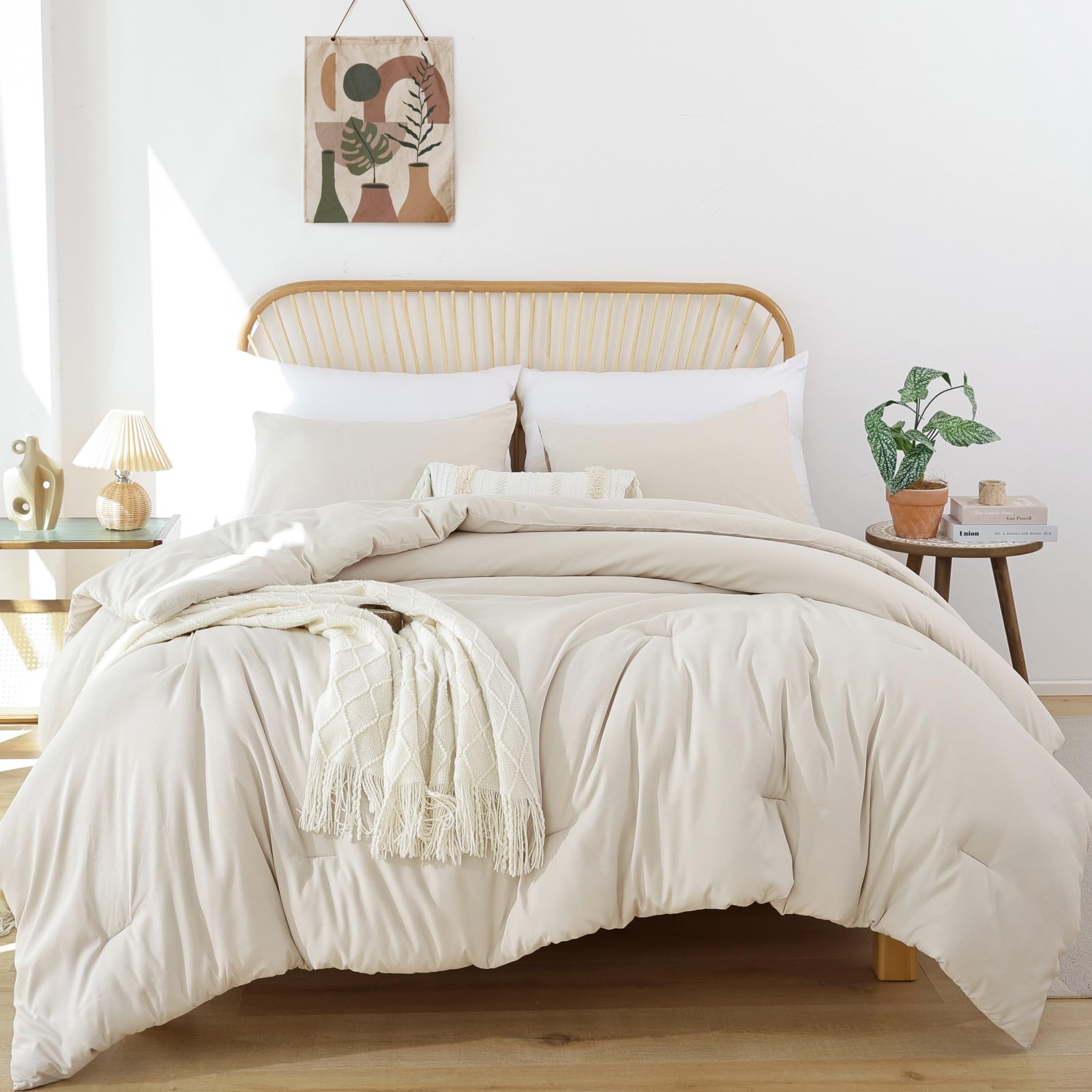 ROSGONIA Queen Comforter Set Oatmeal, 3pcs(1 Boho Oatmeal Comforter & 2 Pillowcases) All Season Soft Bedding Lightweight Bedspread Blanket Quilt: California King Comforter 104"x96" Beige