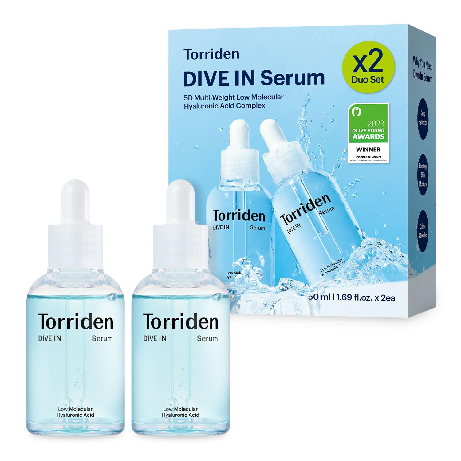 Torriden DIVE IN Hyaluronic Acid Serum 50ml(1.69 fl.oz.) * 2 (Pack of 2) | Deep Hydration to Get Glow Skin | Hyaluronic Acid, Panthenol, Allantoin | Korean Facial Serum: Pack of 2 (1.69 fl.oz x 2)