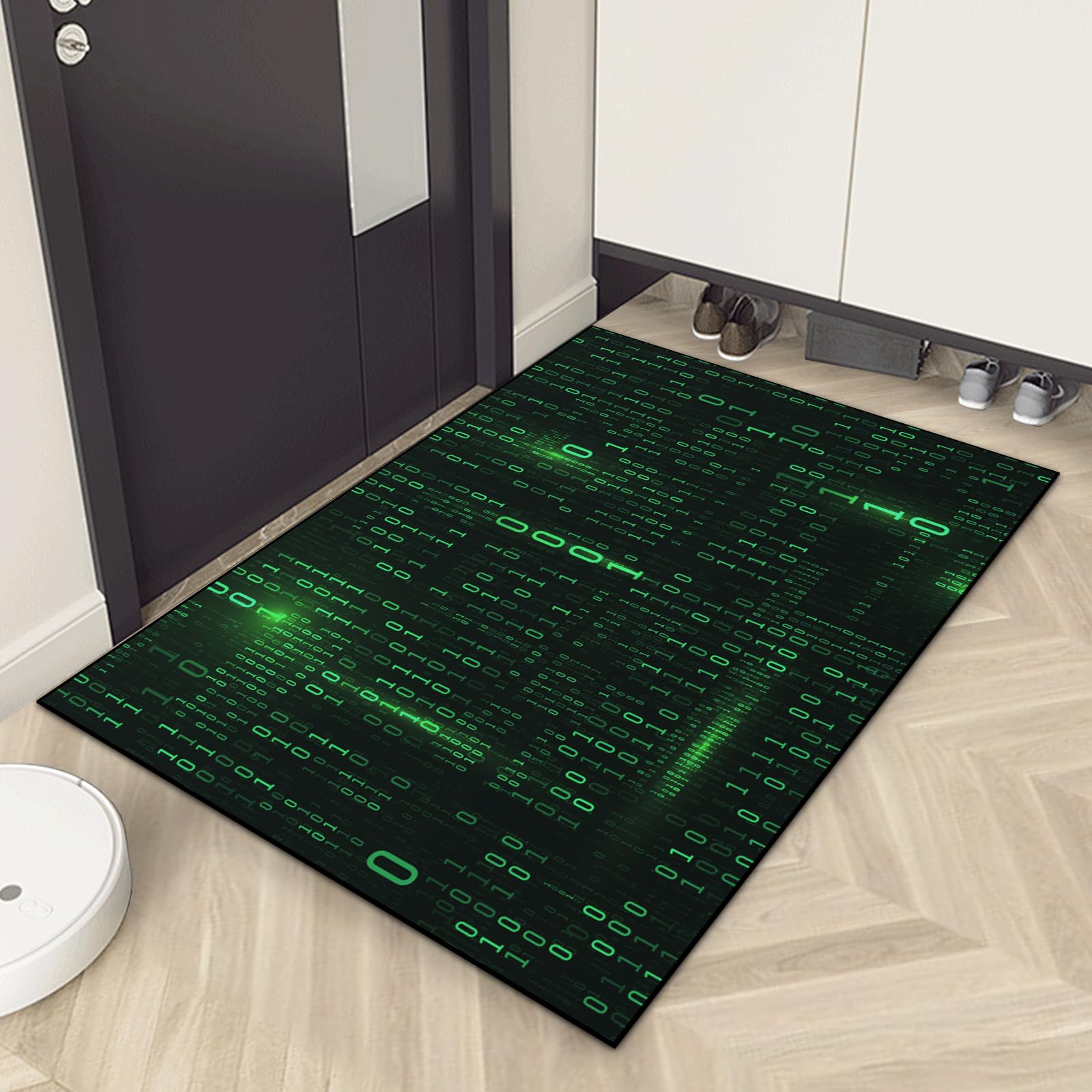 Washable Game Area Rug, Binary Code Design Gaming Programmer Teen Carpet Rug Doormat, Non-Slip Low-Pile Floor Carpet for Computer Bedroom Indoor Front Entrance Living Room Office (60" x 40")